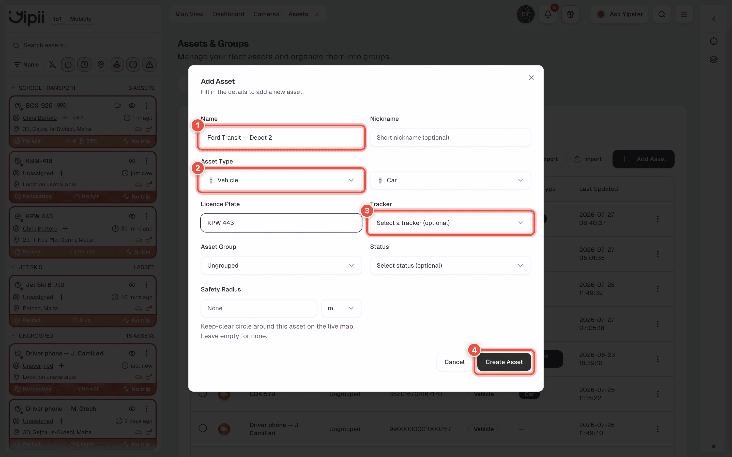 The Add Asset dialog with Name (1), Asset Type (2), Tracker (3) and Create Asset (4) highlighted