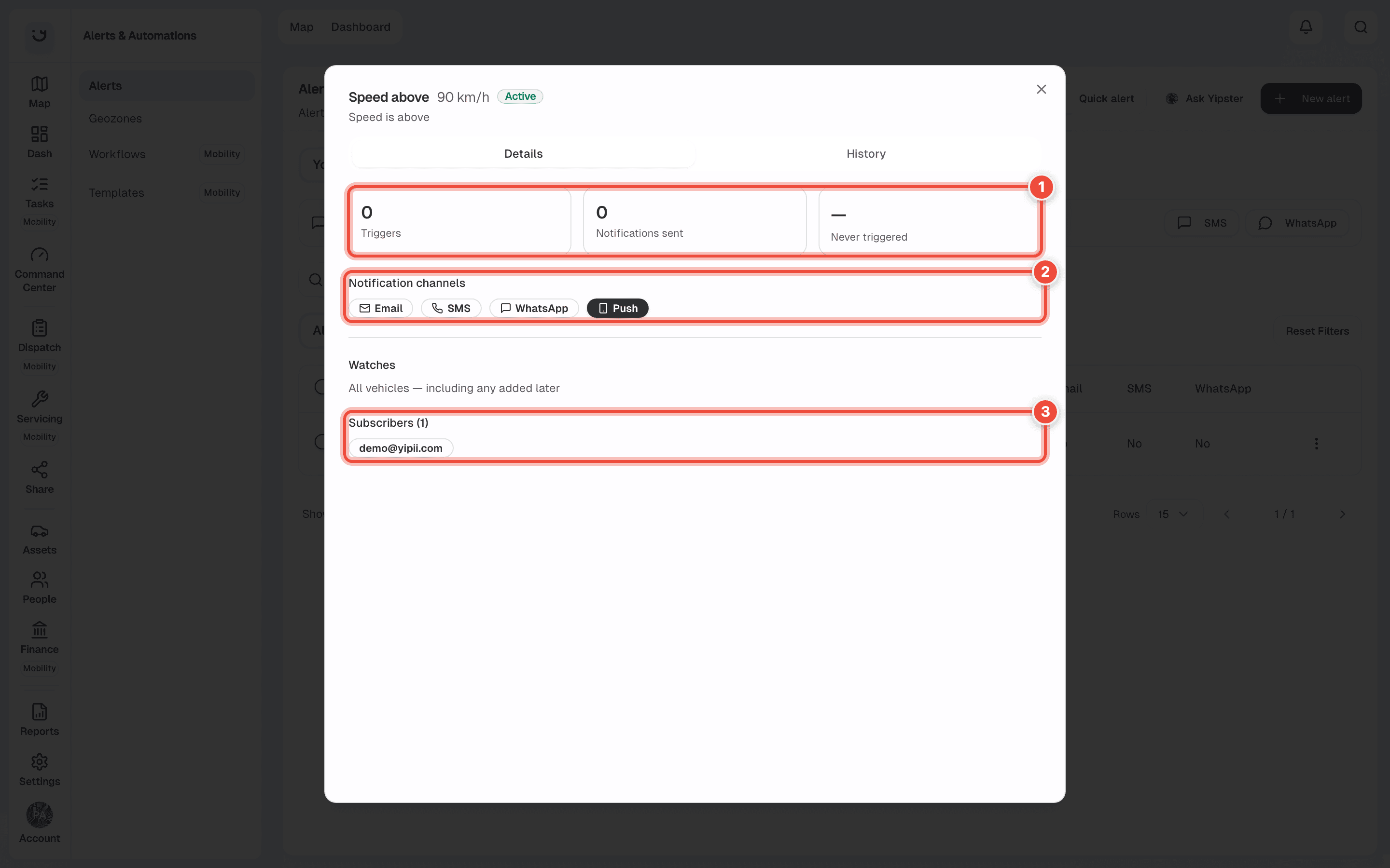 The Details tab of Speed above 90 km/h with the counts (1), Notification channels (2) and Subscribers (3) highlighted