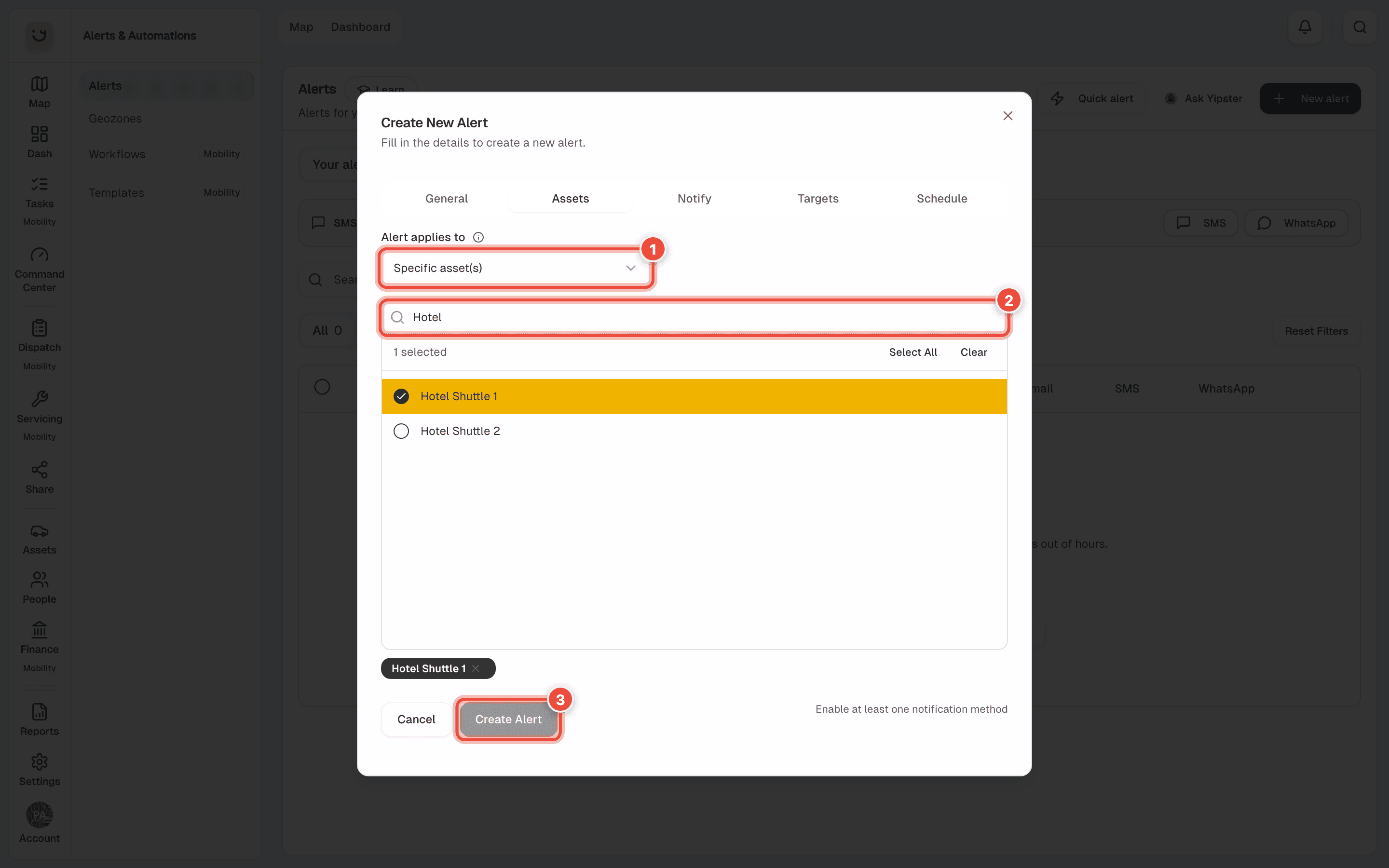The Assets tab with Alert applies to (1), the asset search with Hotel Shuttle 1 ticked (2) and the greyed Create Alert button (3) highlighted