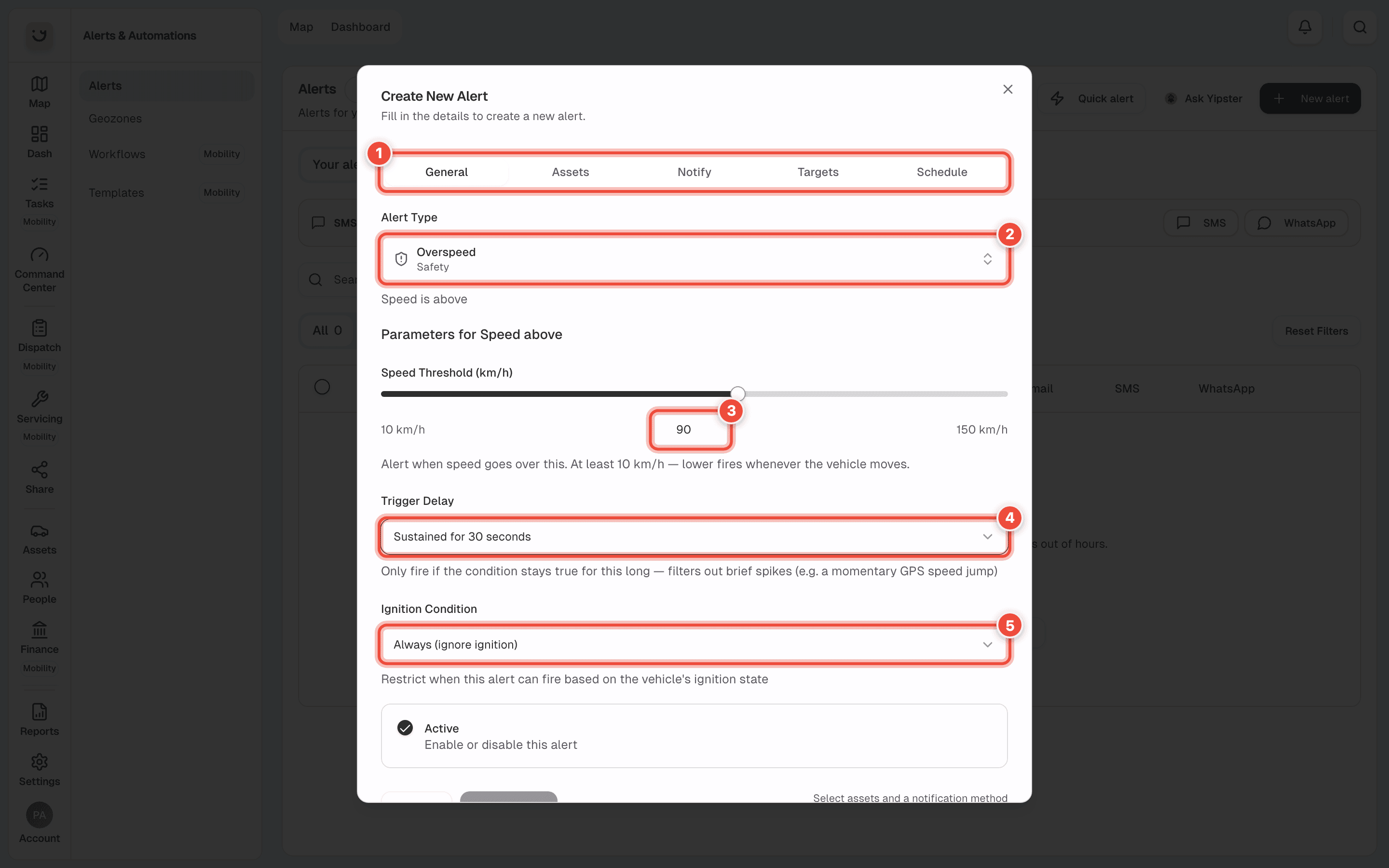 The Create New Alert window for a speeding alert, with the tabs (1), Alert Type (2), the speed (3), Trigger Delay (4) and Ignition Condition (5) highlighted