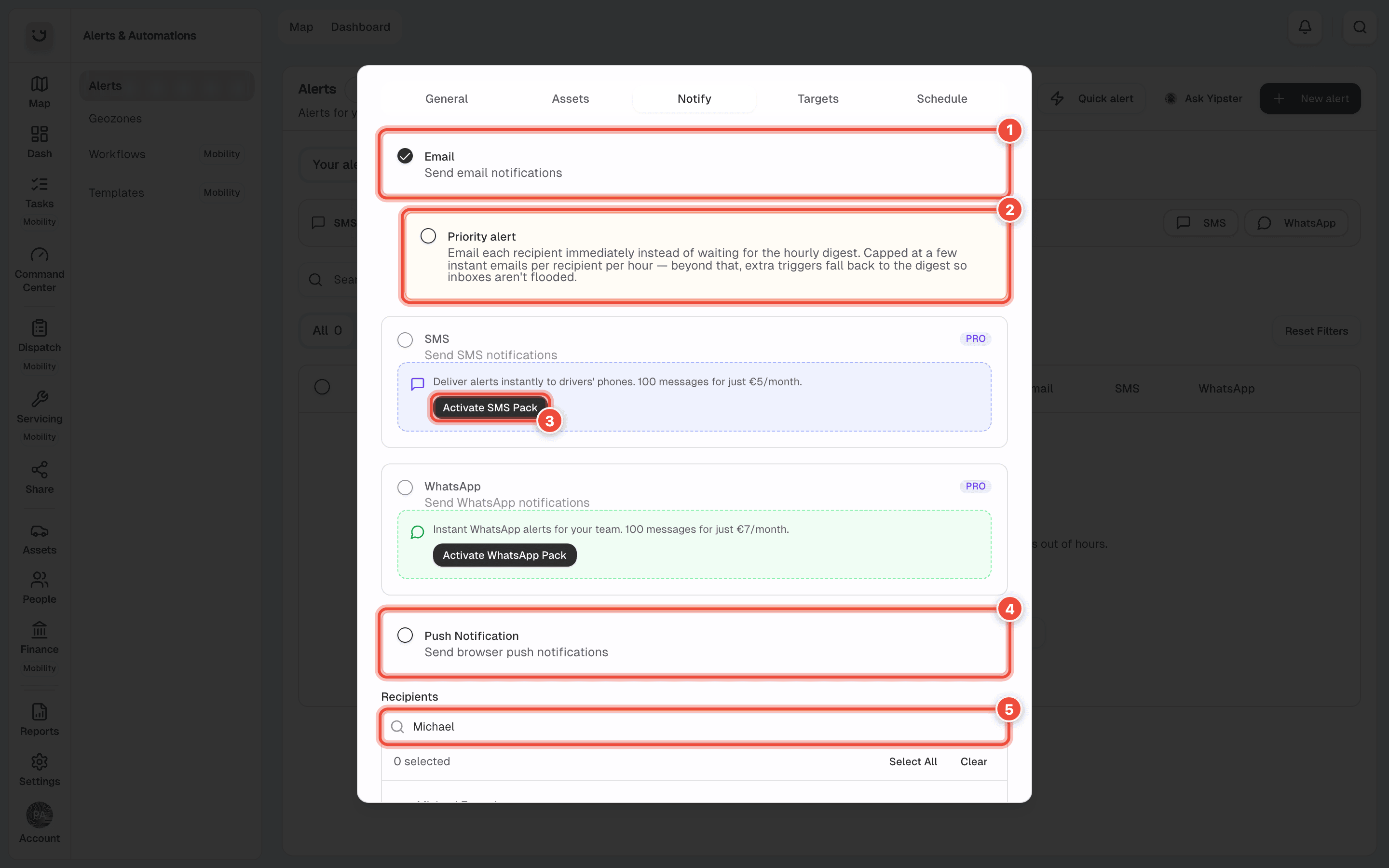 The Notify tab with Email (1), Priority alert (2), Activate SMS Pack (3), Push Notification (4) and the Recipients search (5) highlighted