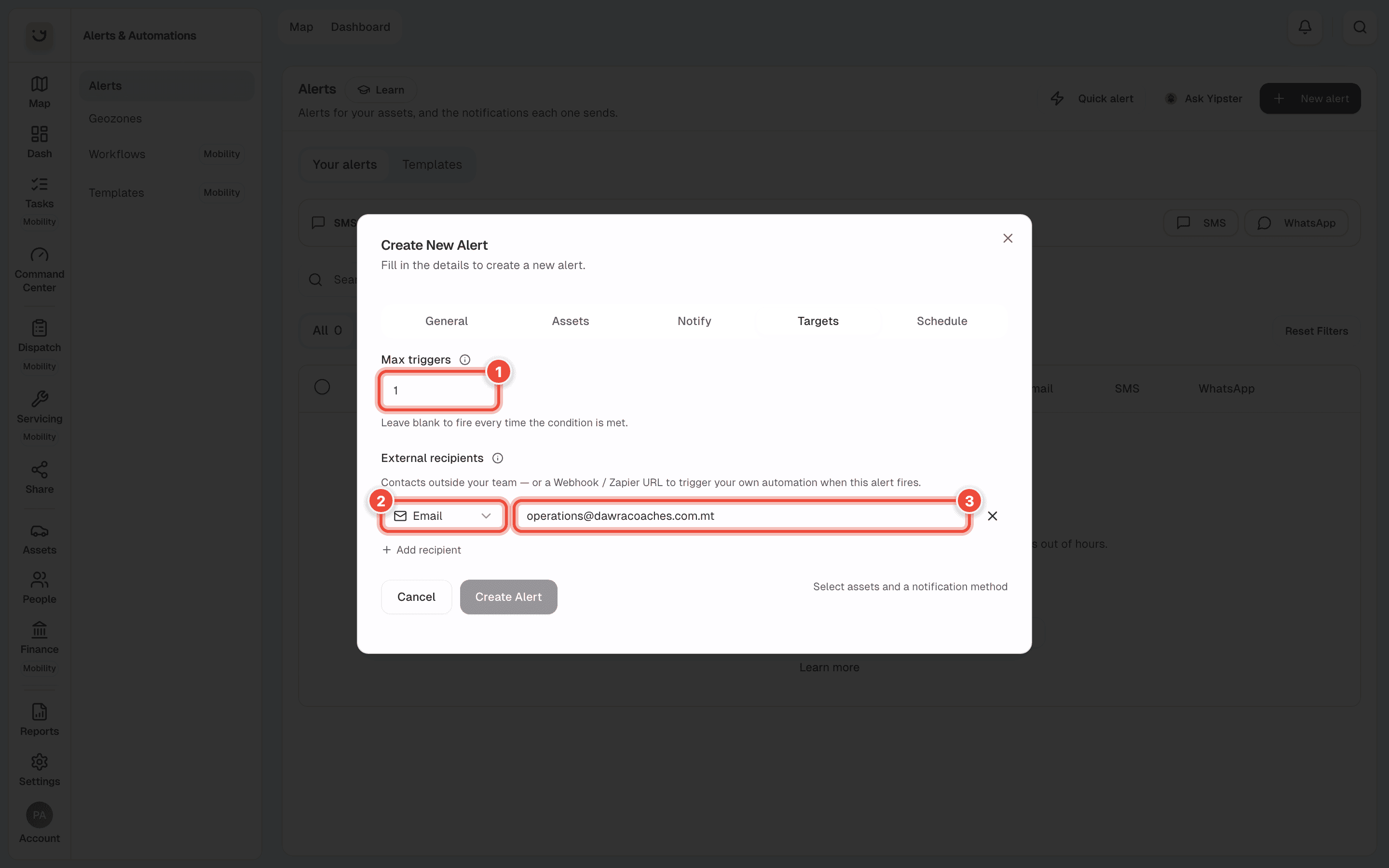 The Targets tab with Max triggers (1), the recipient's channel (2) and address (3) highlighted
