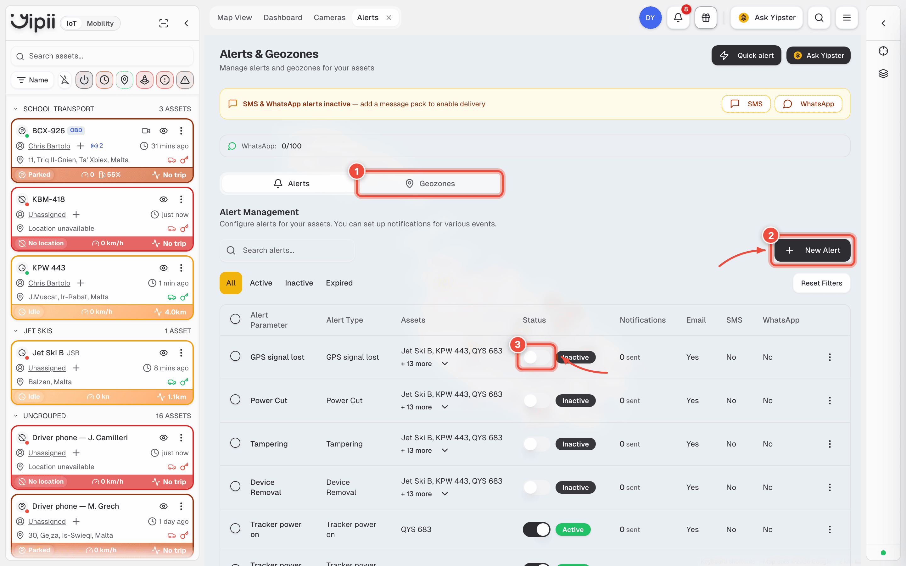 Alerts screen with the Geozones tab (1), New Alert button (2) and an alert's on/off toggle (3) highlighted