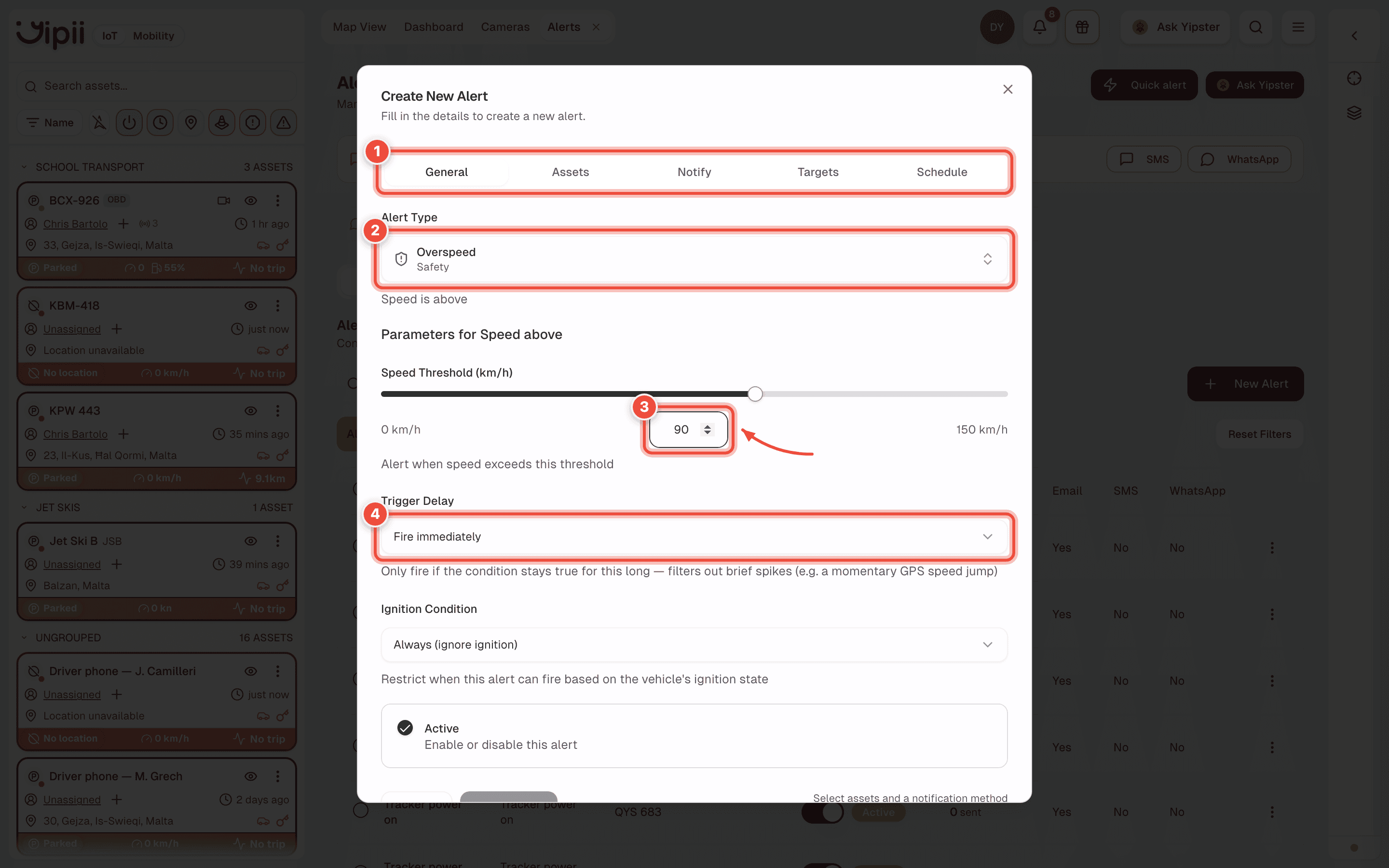 The Create New Alert dialog with the tab rail (1), Alert Type (2), Speed Threshold (3) and Trigger Delay (4) highlighted