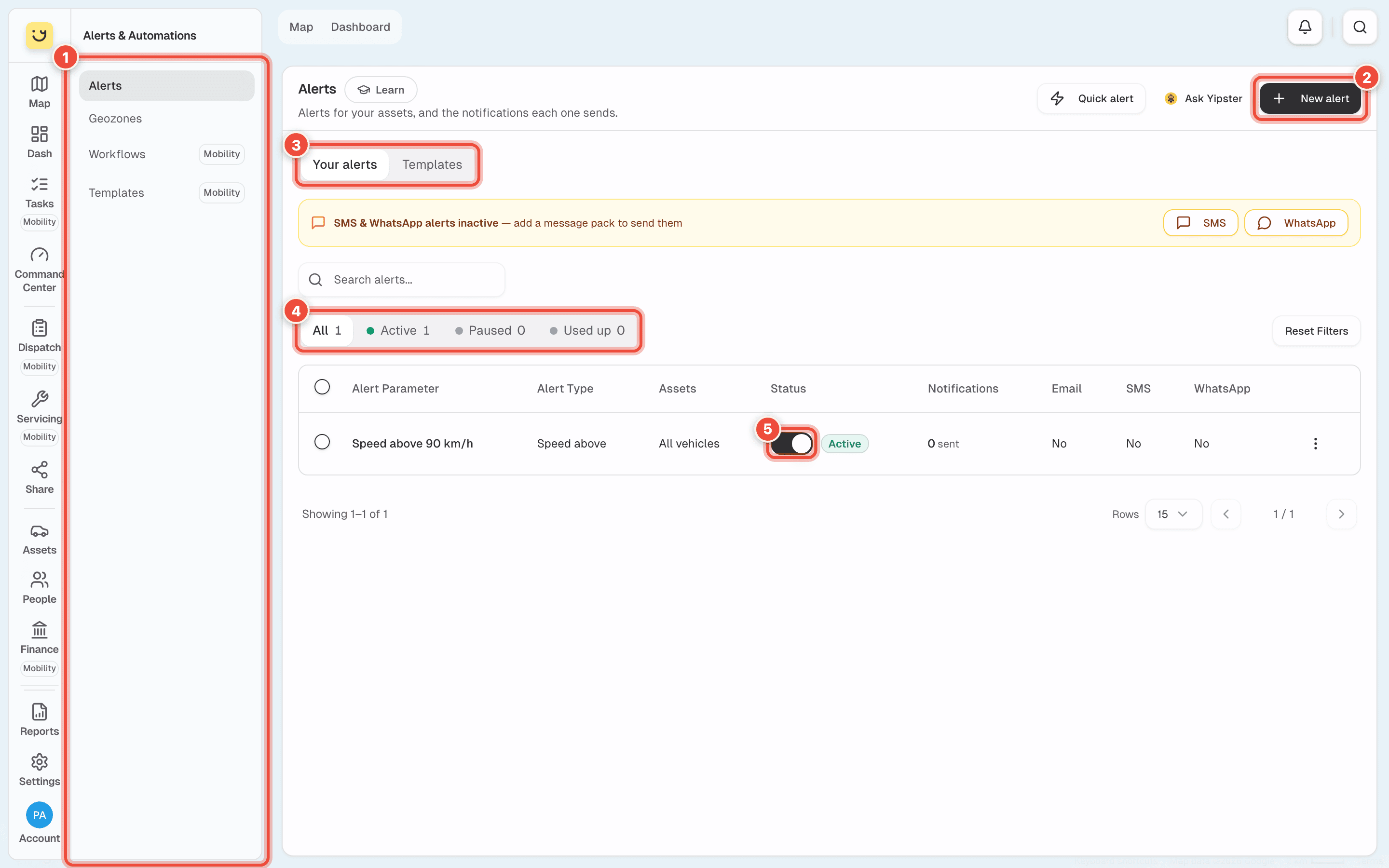 Your alerts with the Alerts & Automations menu (1), New alert (2), the Your alerts and Templates switch (3), the state filter (4) and the Speed above 90 km/h alert's on/off switch (5) highlighted