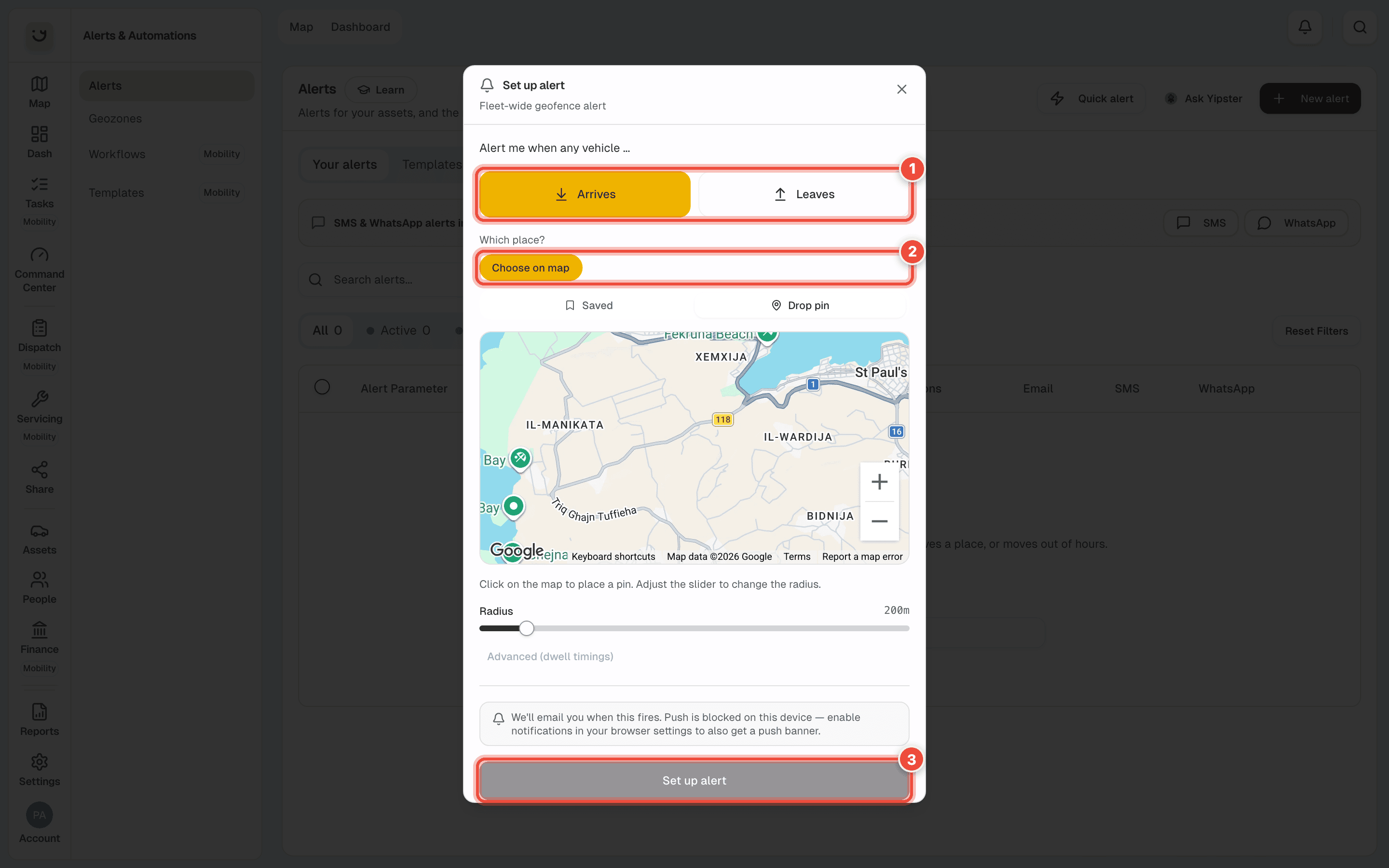 Set up alert with Arrives and Leaves (1), the place choices (2) and Set up alert (3) highlighted