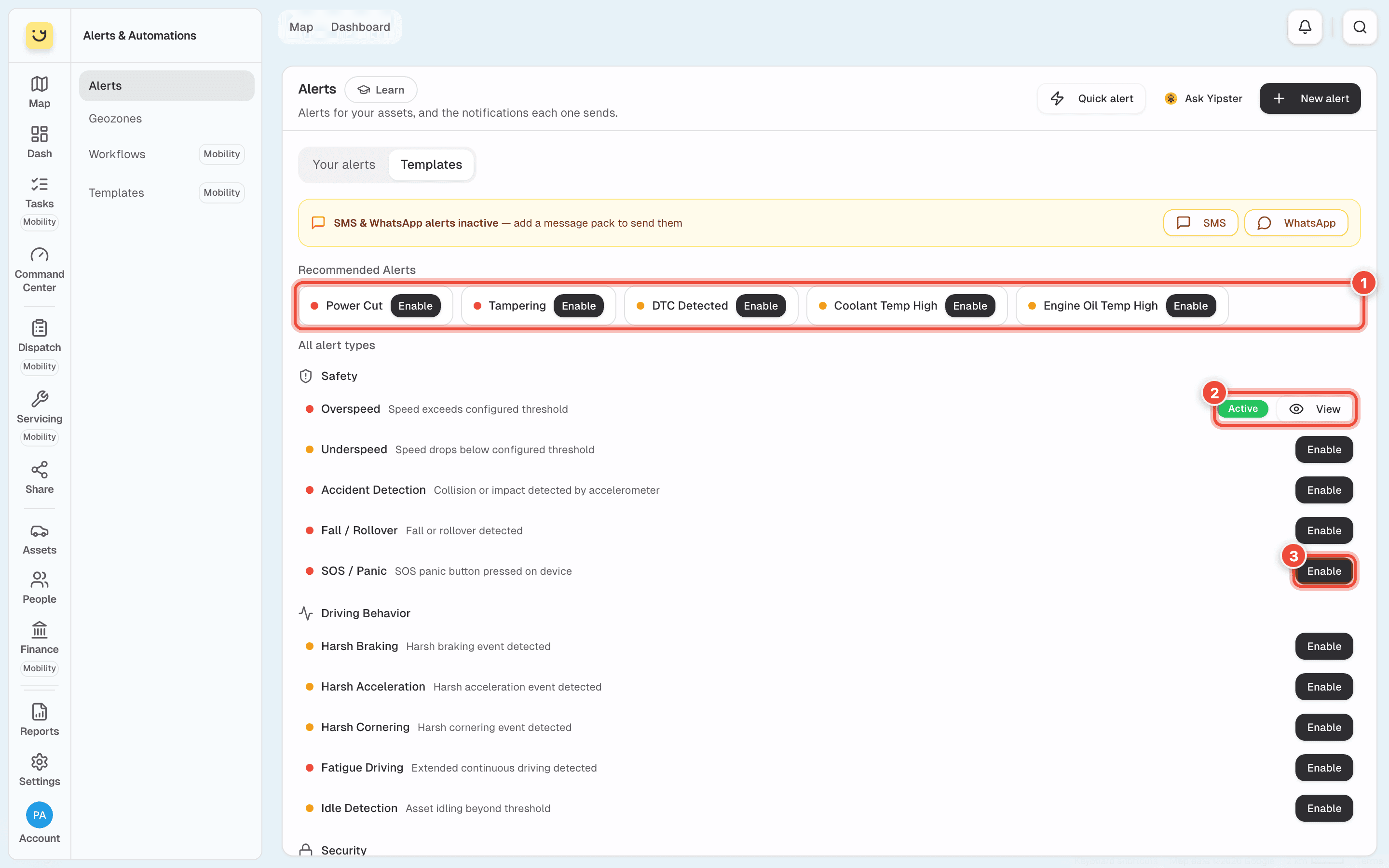 Templates with the Recommended Alerts (1), Overspeed marked Active with View (2) and SOS / Panic's Enable (3) highlighted