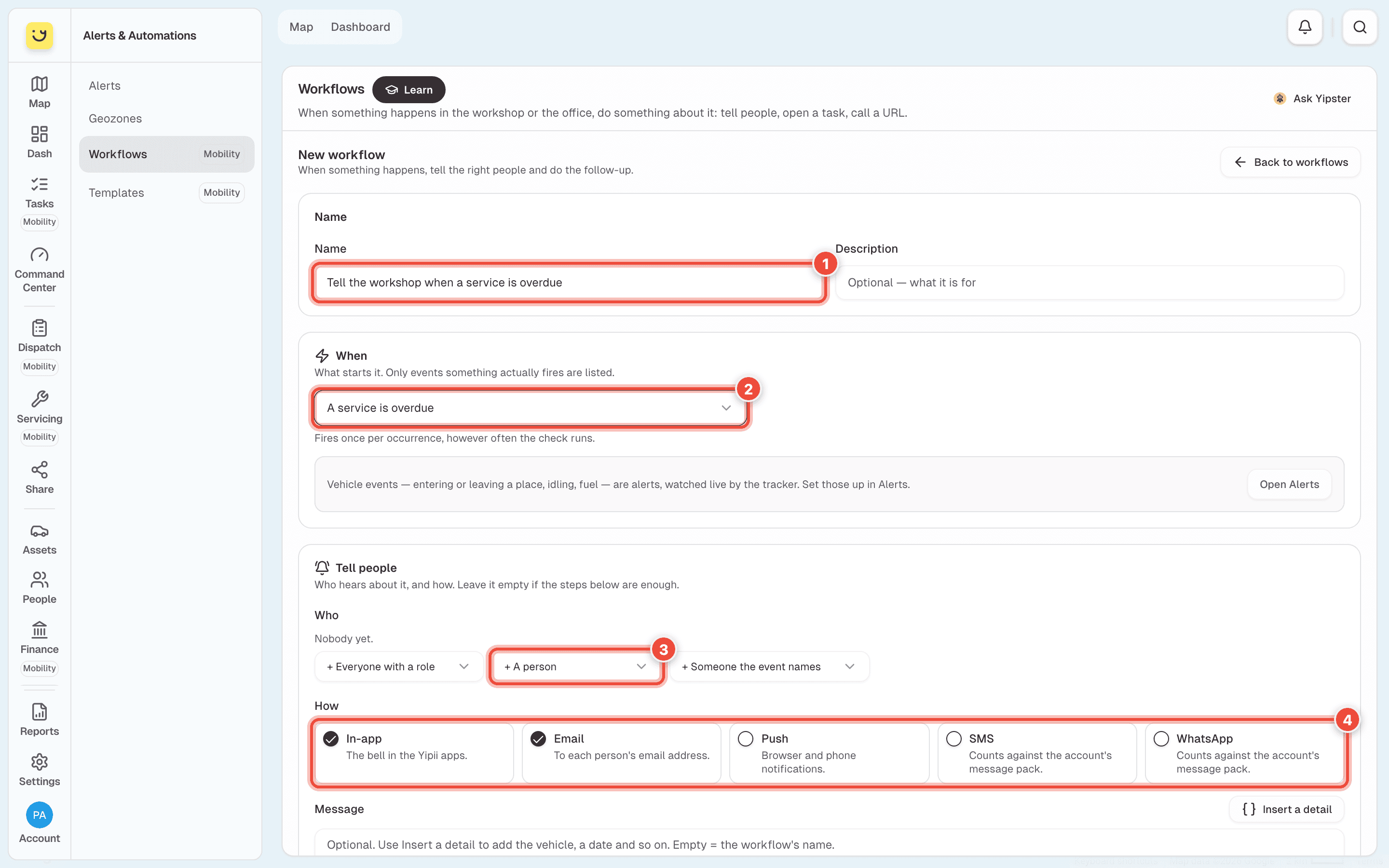 New workflow with Name (1), When (2), Add a person (3) and How (4) highlighted