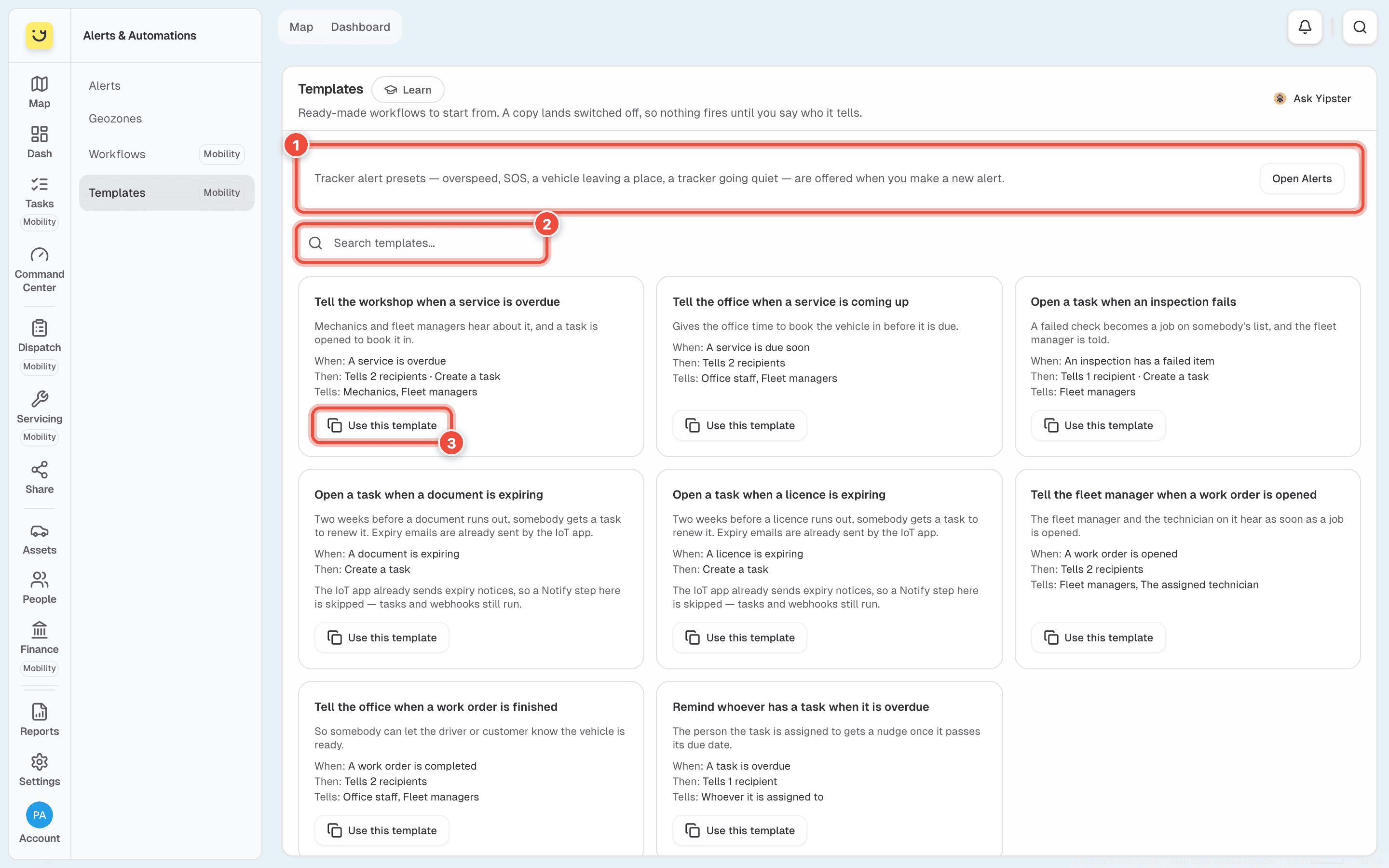Templates with the note about tracker alerts (1), the search (2) and Use this template (3) highlighted