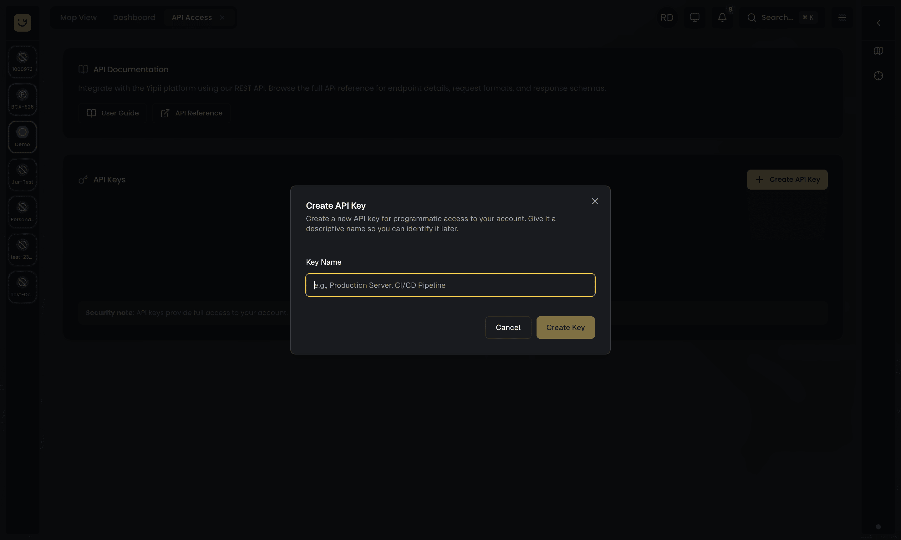 Create API Key dialog with name input