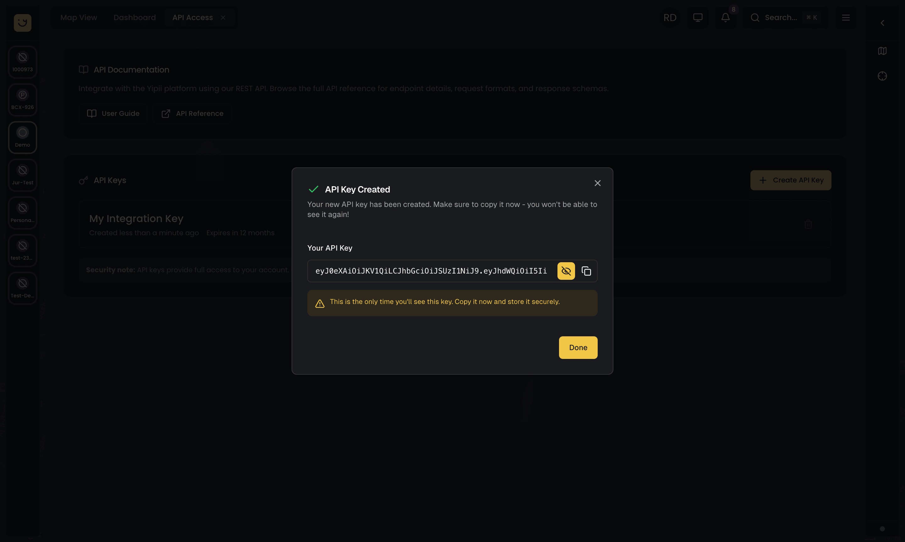 API Key created confirmation showing the token