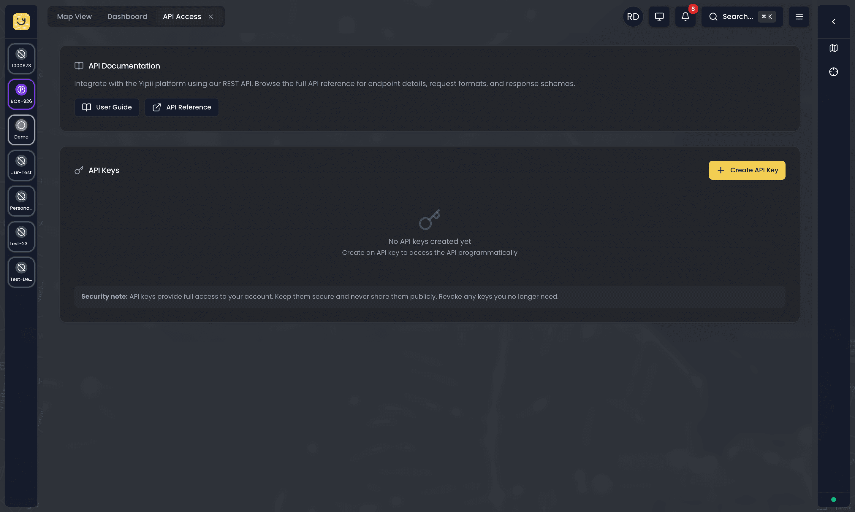 API Access overview showing documentation links and key management