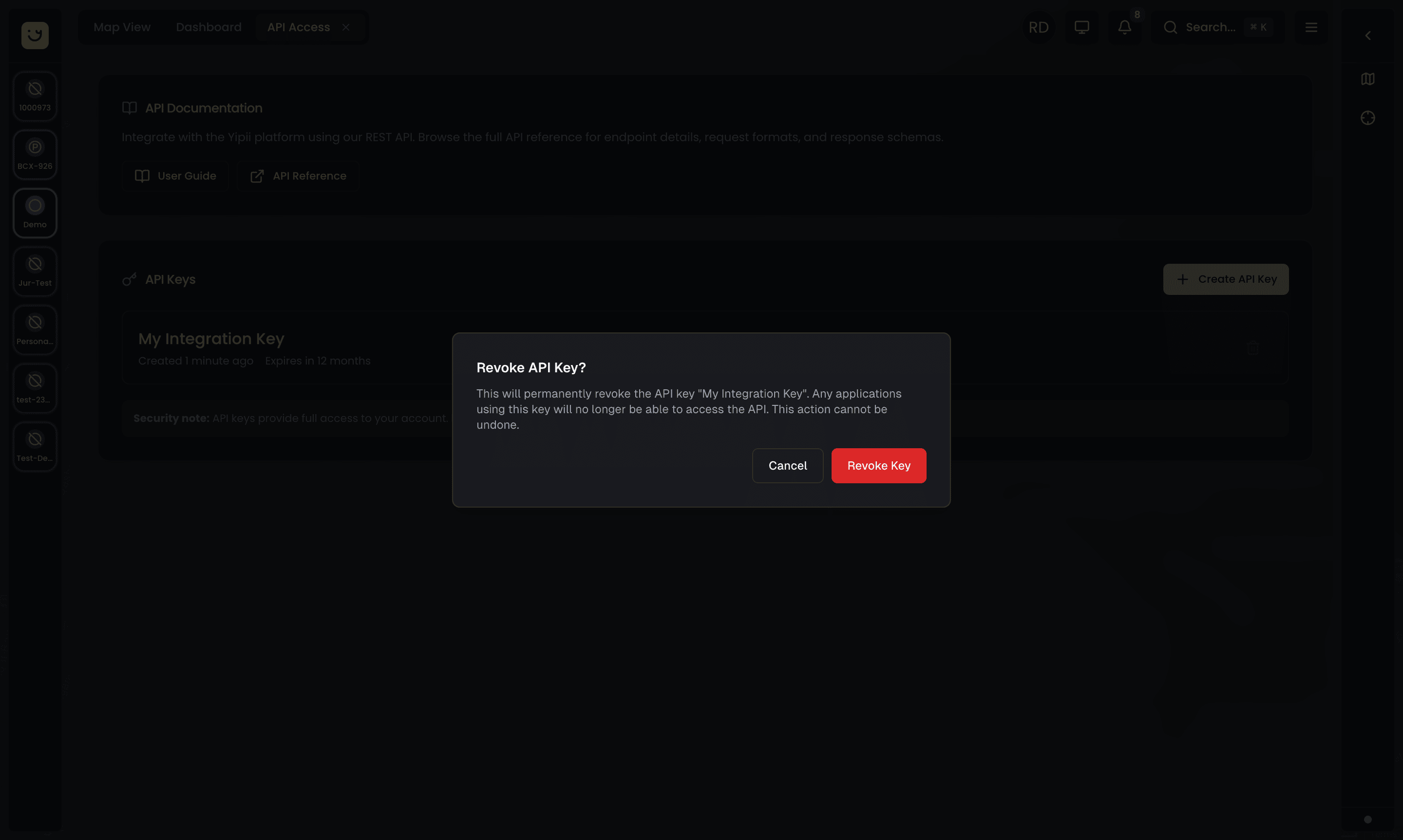 Revoke API Key confirmation dialog