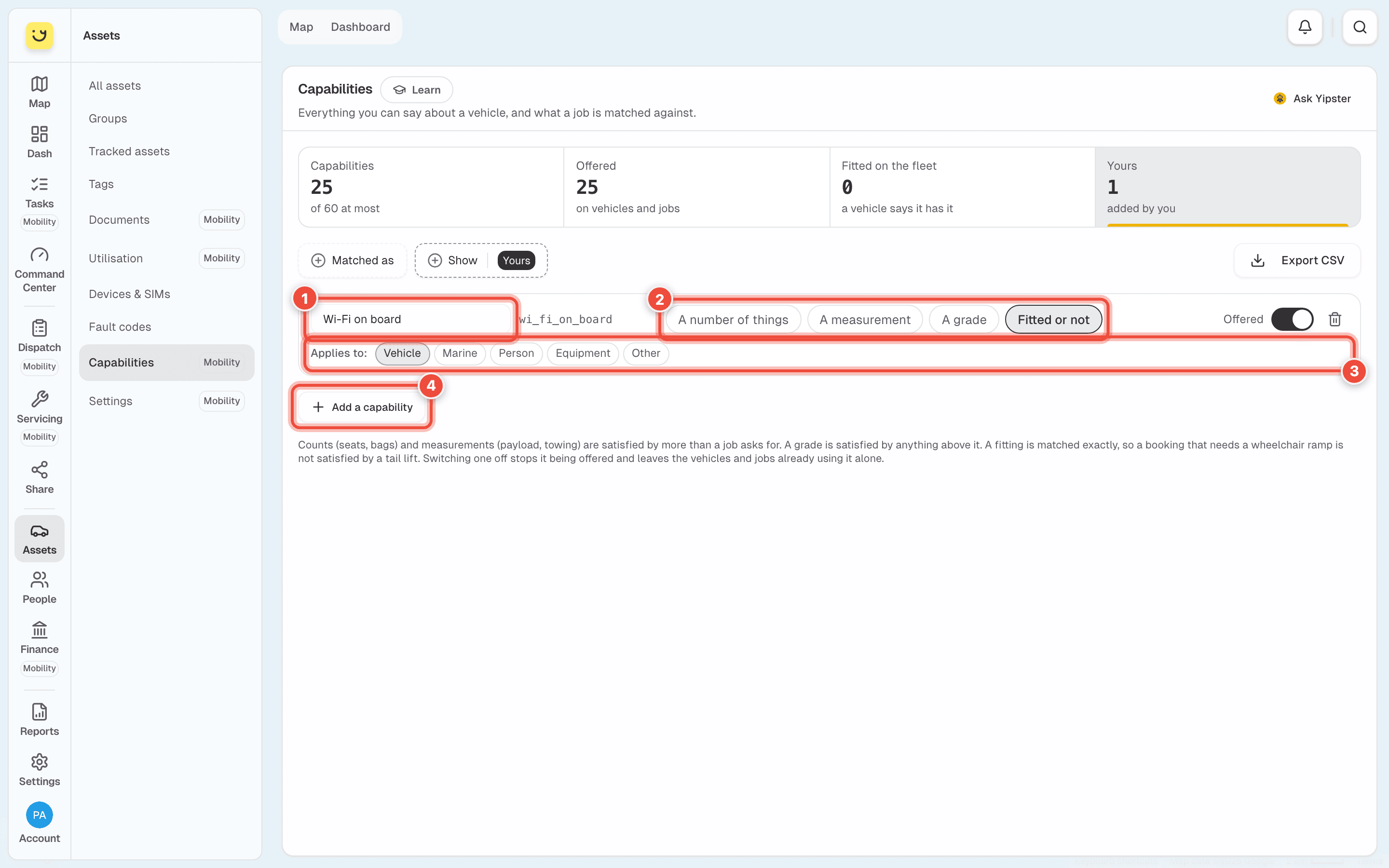 Assets › Capabilities narrowed to Yours, with the Wi-Fi on board name (1), how it is matched (2), the kinds it applies to (3) and Add a capability (4) highlighted