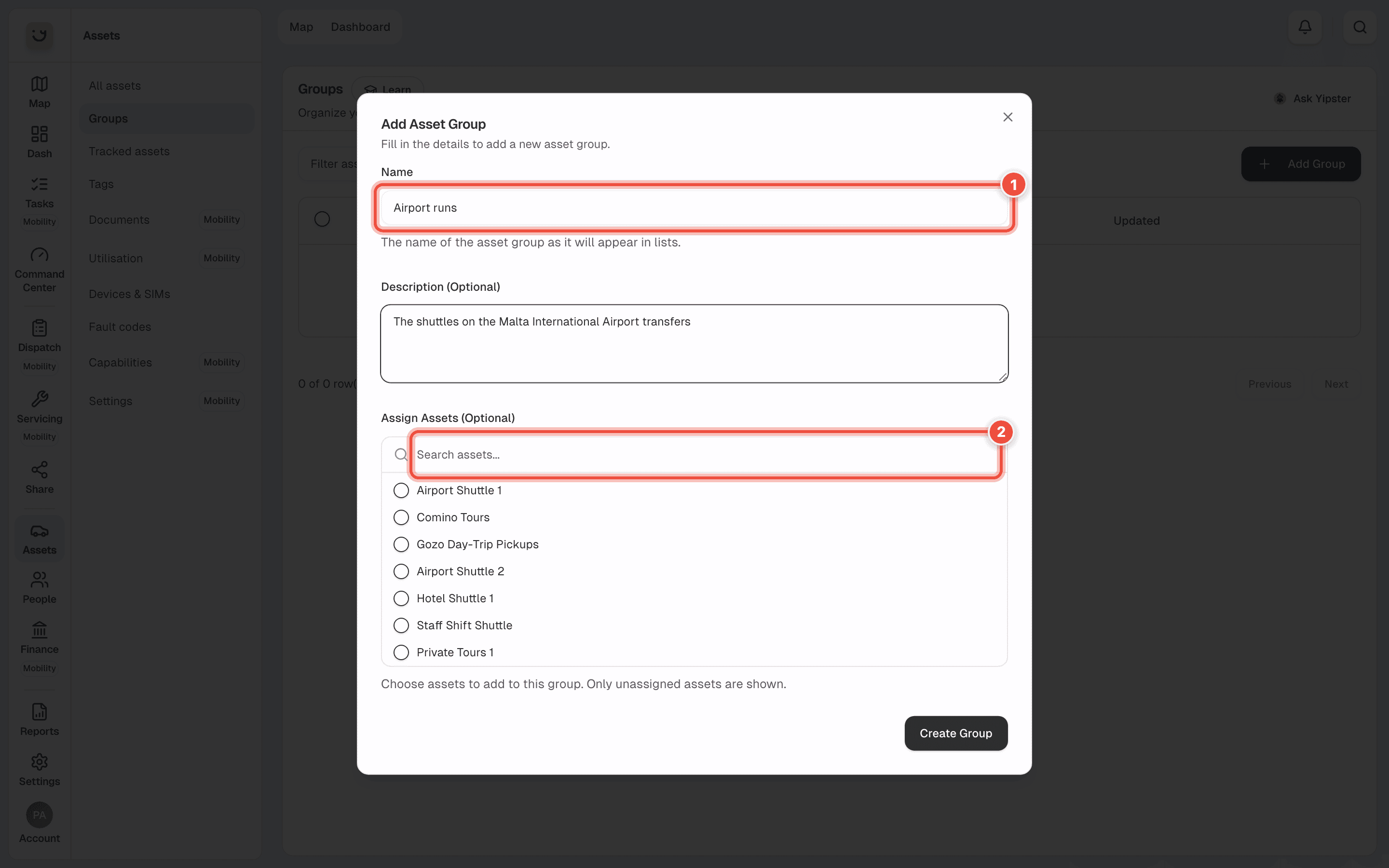 The Add Asset Group window filled in for Airport runs, with Name (1) and the Search assets box under Assign Assets (2) highlighted