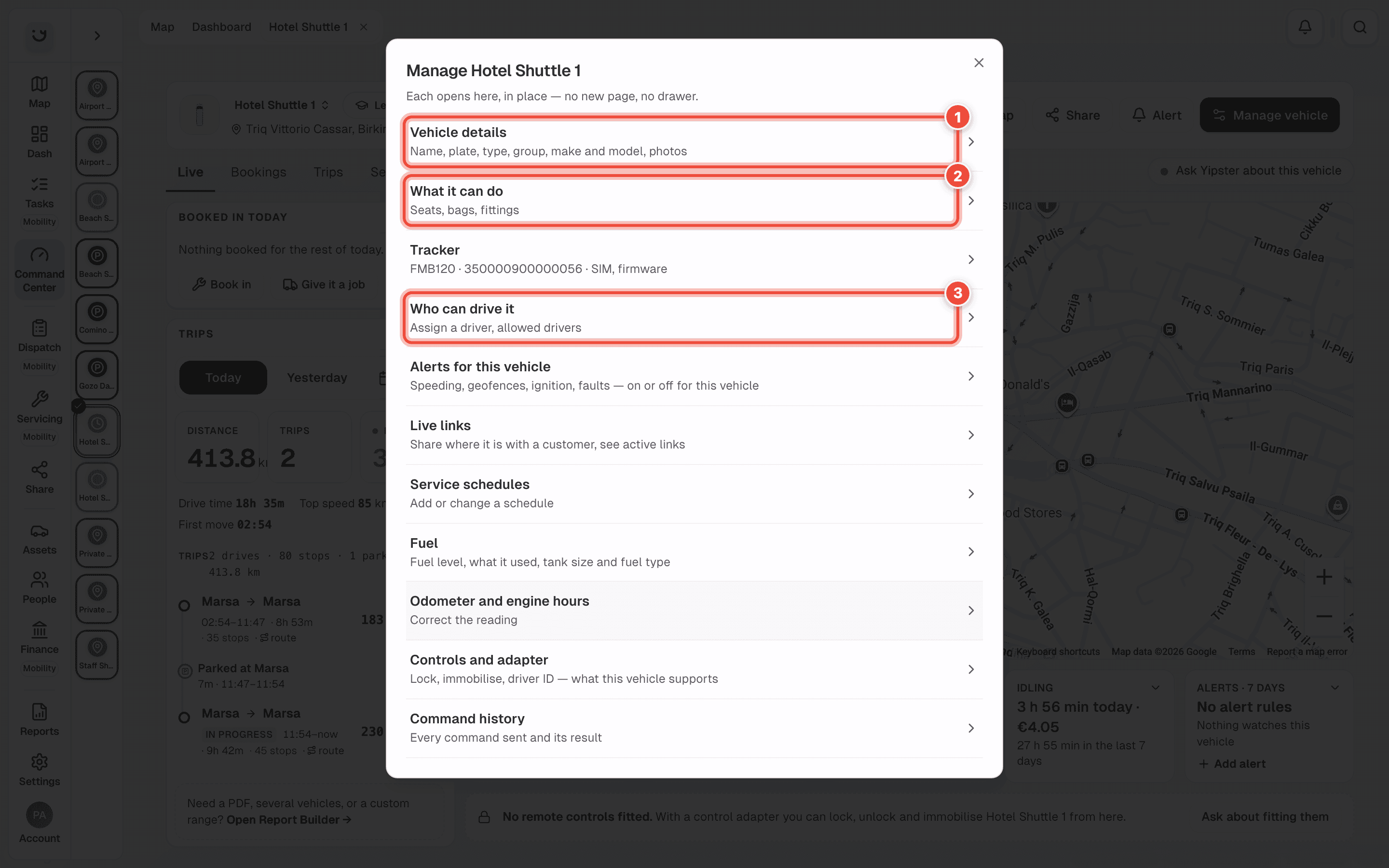 The Manage vehicle window for Hotel Shuttle 1 with Vehicle details (1), What it can do (2) and Who can drive it (3) highlighted