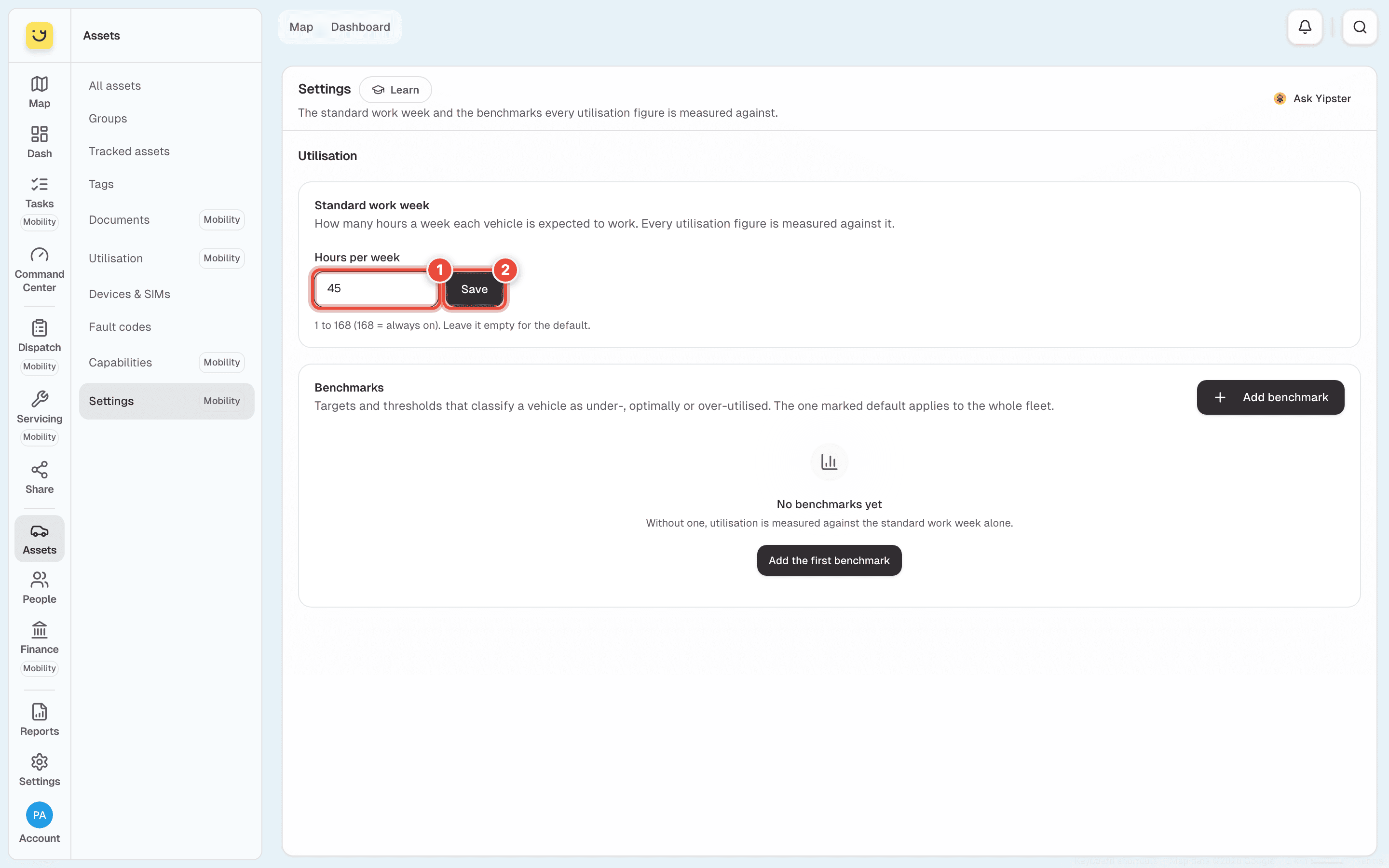 Assets › Settings with 45 typed in Hours per week (1) and the Save button (2) highlighted