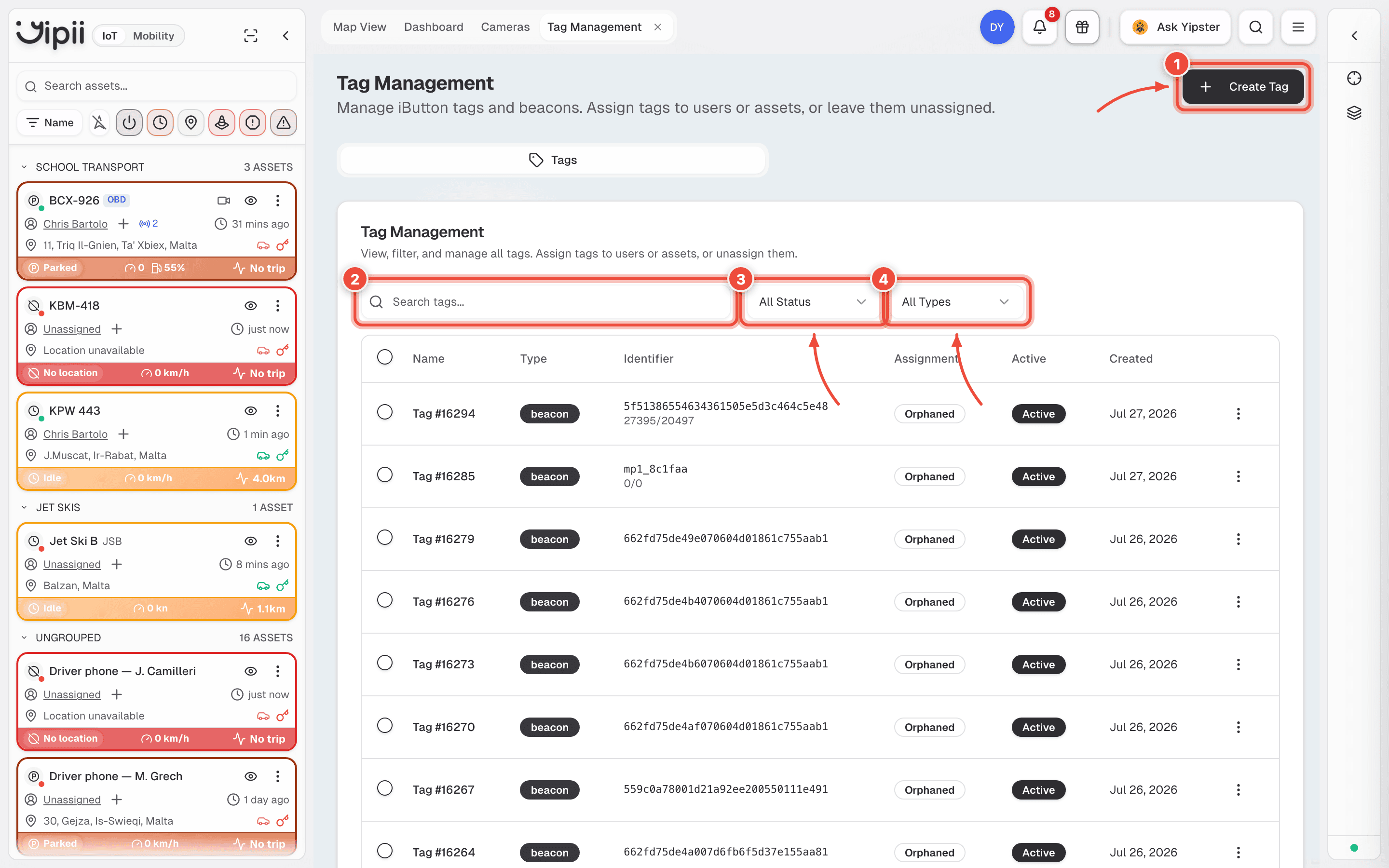 Tag Management with Create Tag (1), the search field (2), the status filter (3) and the type filter (4) highlighted