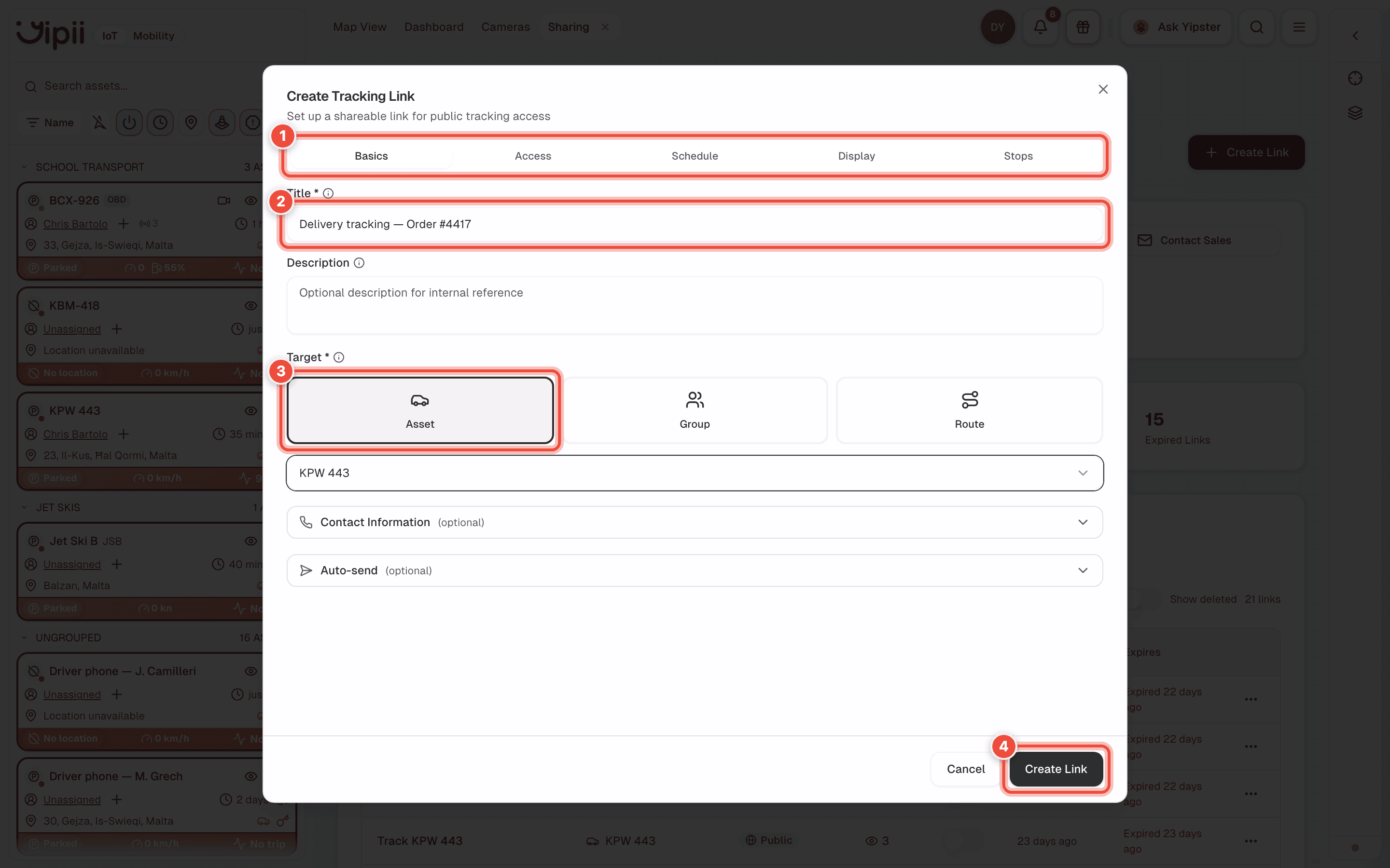 The Create Tracking Link dialog with the tab rail (1), Title (2), the Target choice (3) and Create Link (4) highlighted