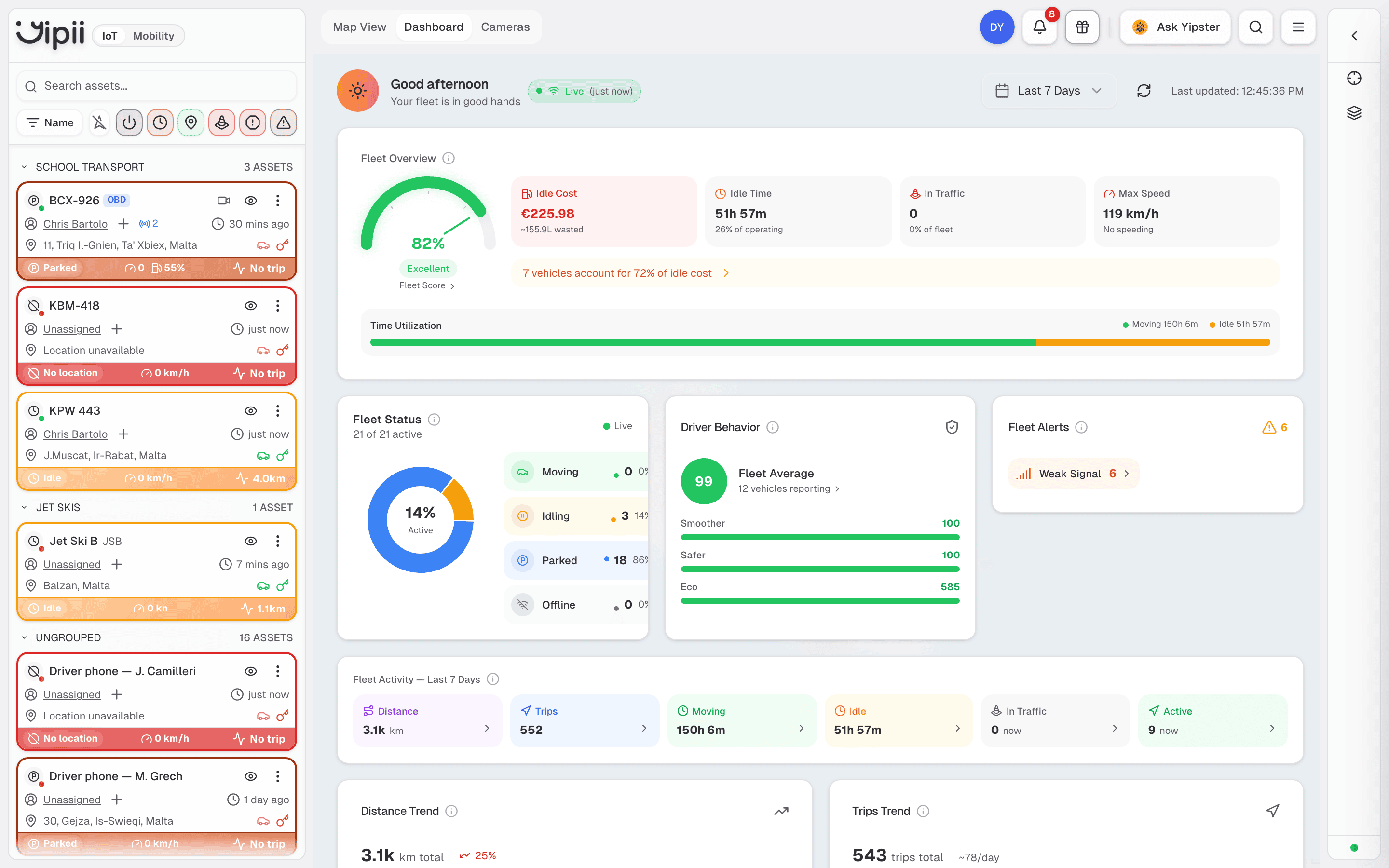 The dashboard showing the Fleet Overview panel, Fleet Status donut, Driver Behavior scores and Fleet Activity