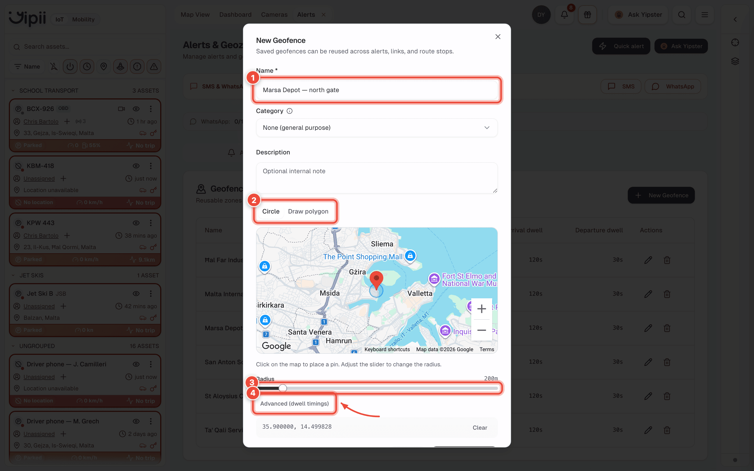 The New Geofence panel with the Name field (1), the Circle and Draw polygon tabs (2), the radius slider (3) and Advanced dwell timings (4) highlighted