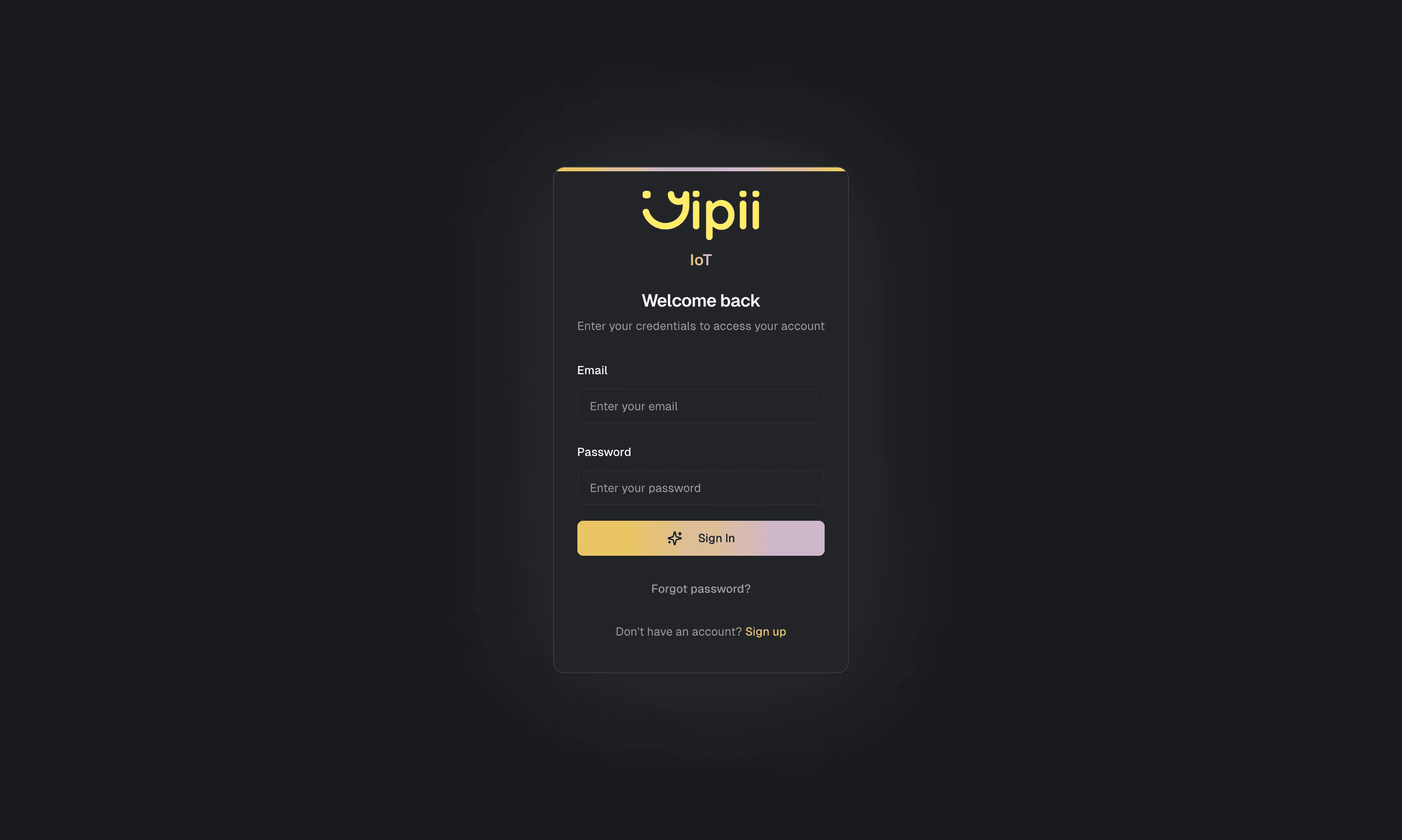 The Yipii IoT sign-in page, with Google sign-in above the email and password fields