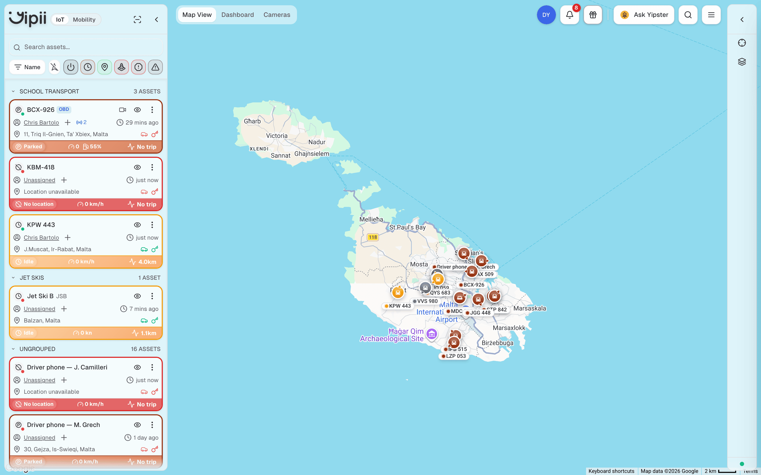 The Yipii IoT map with the fleet live across Malta