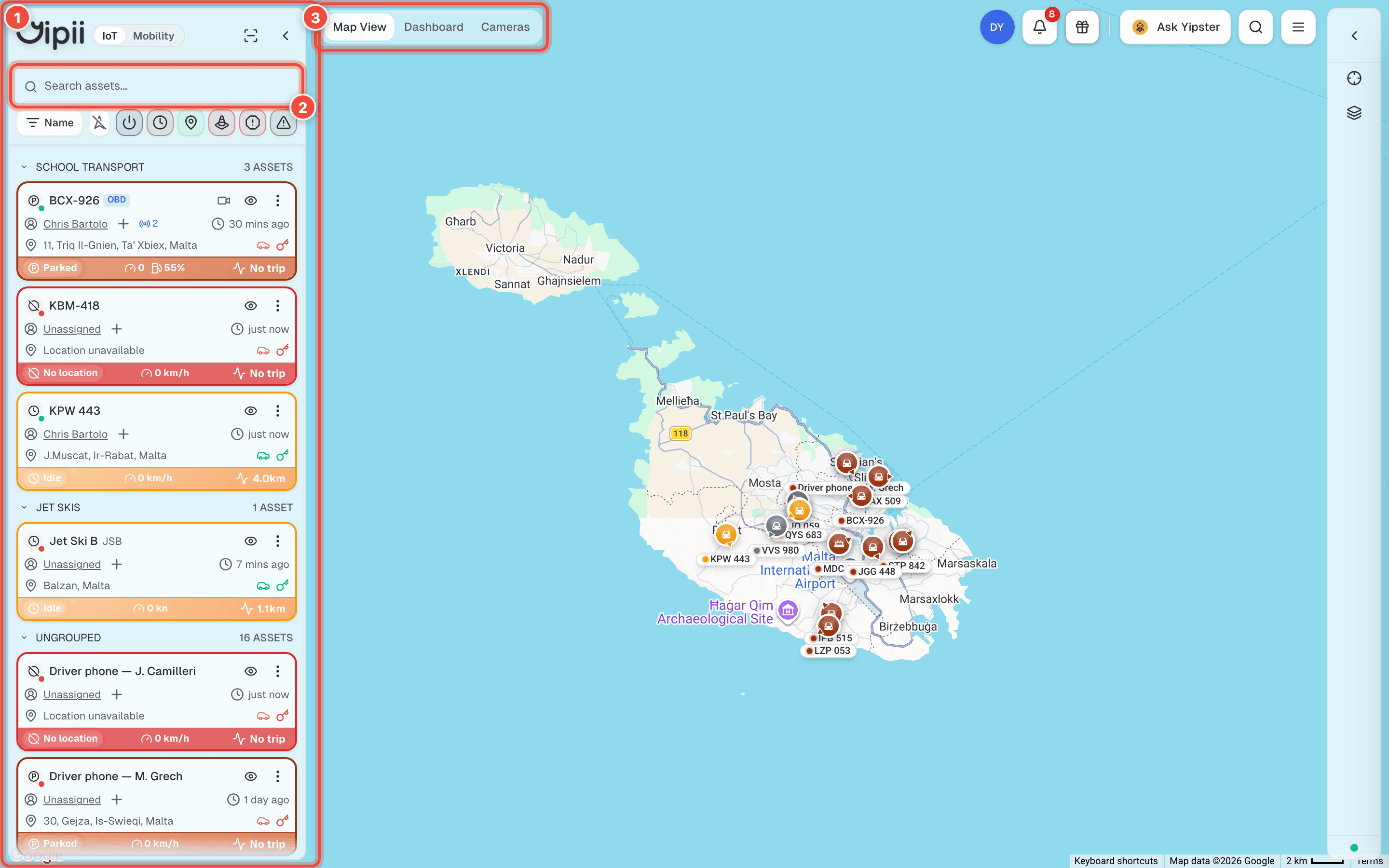 The Yipii IoT map view, with the asset panel, search and view switcher marked