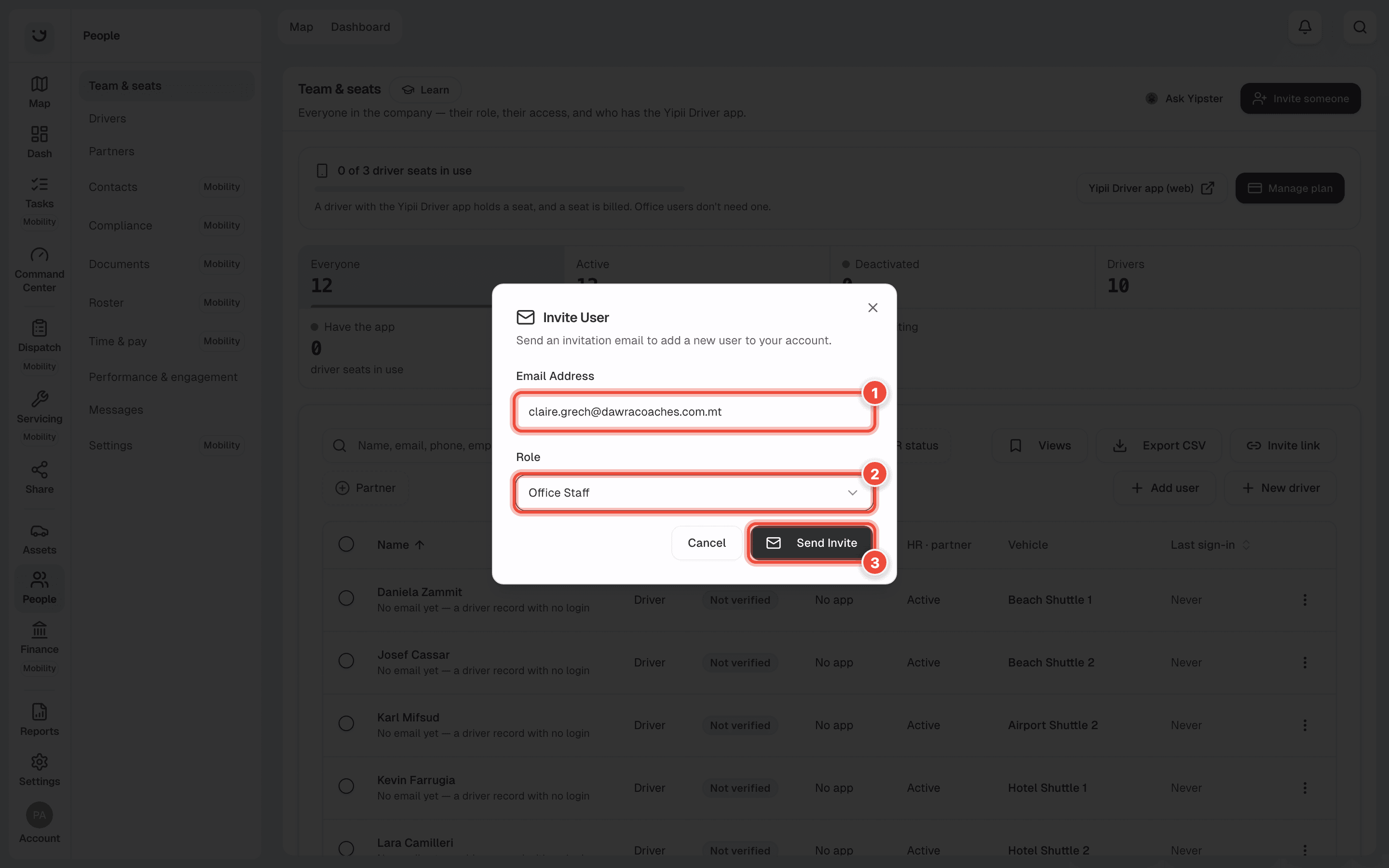 The Invite User window filled in for Claire Grech, with Email Address (1), Role (2) and Send Invite (3) highlighted