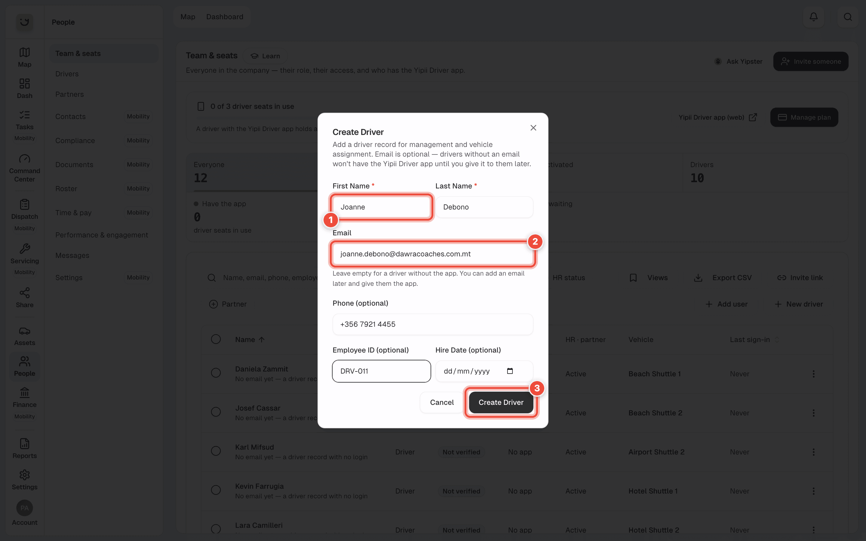 The Create Driver window filled in for Joanne Debono, with First Name (1), Email (2) and Create Driver (3) highlighted