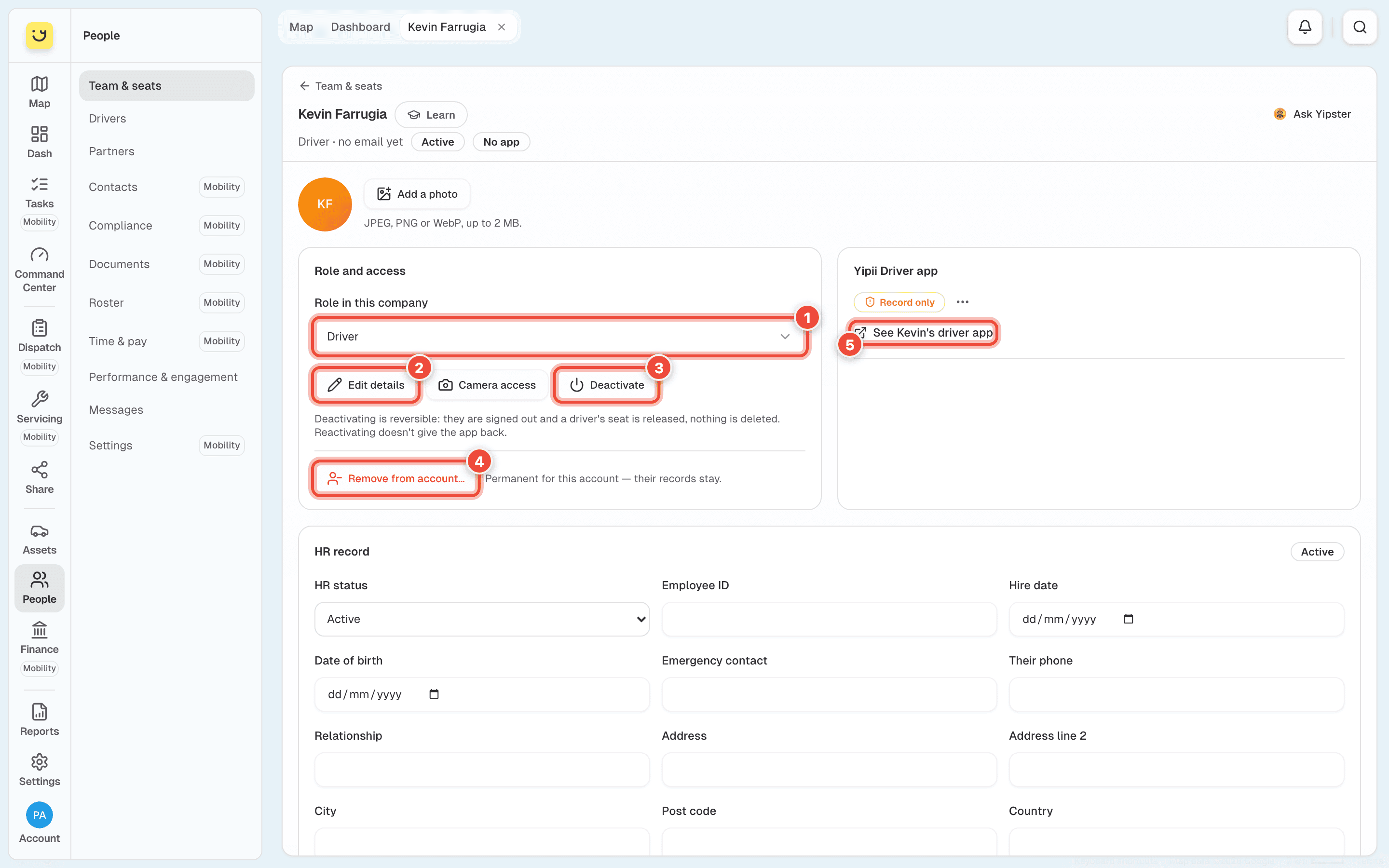 Kevin Farrugia's page, with Role in this company (1), Edit details (2), Deactivate (3), Remove from account (4) and See Kevin's driver app (5) highlighted