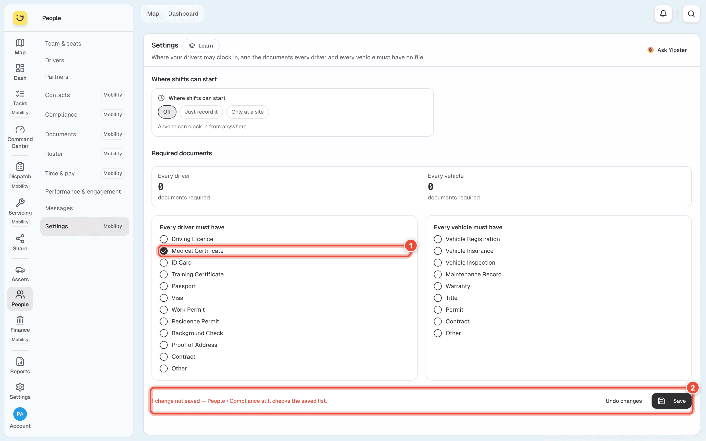 People → Settings with Medical Certificate ticked (1) and the save bar saying 1 change not saved (2)