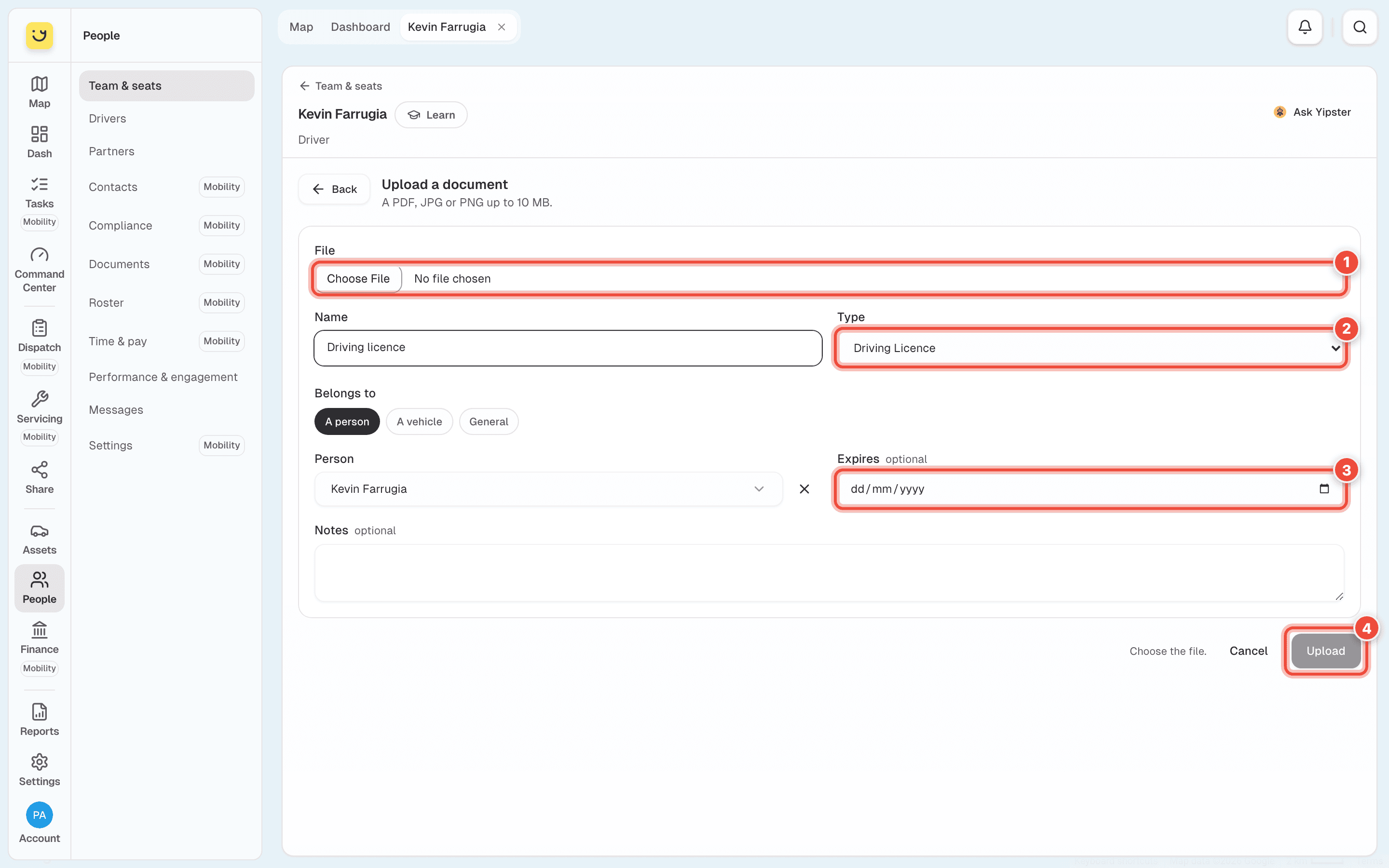 Upload a document for Kevin Farrugia, with the file (1), Type (2), Expires (3) and Upload (4) highlighted