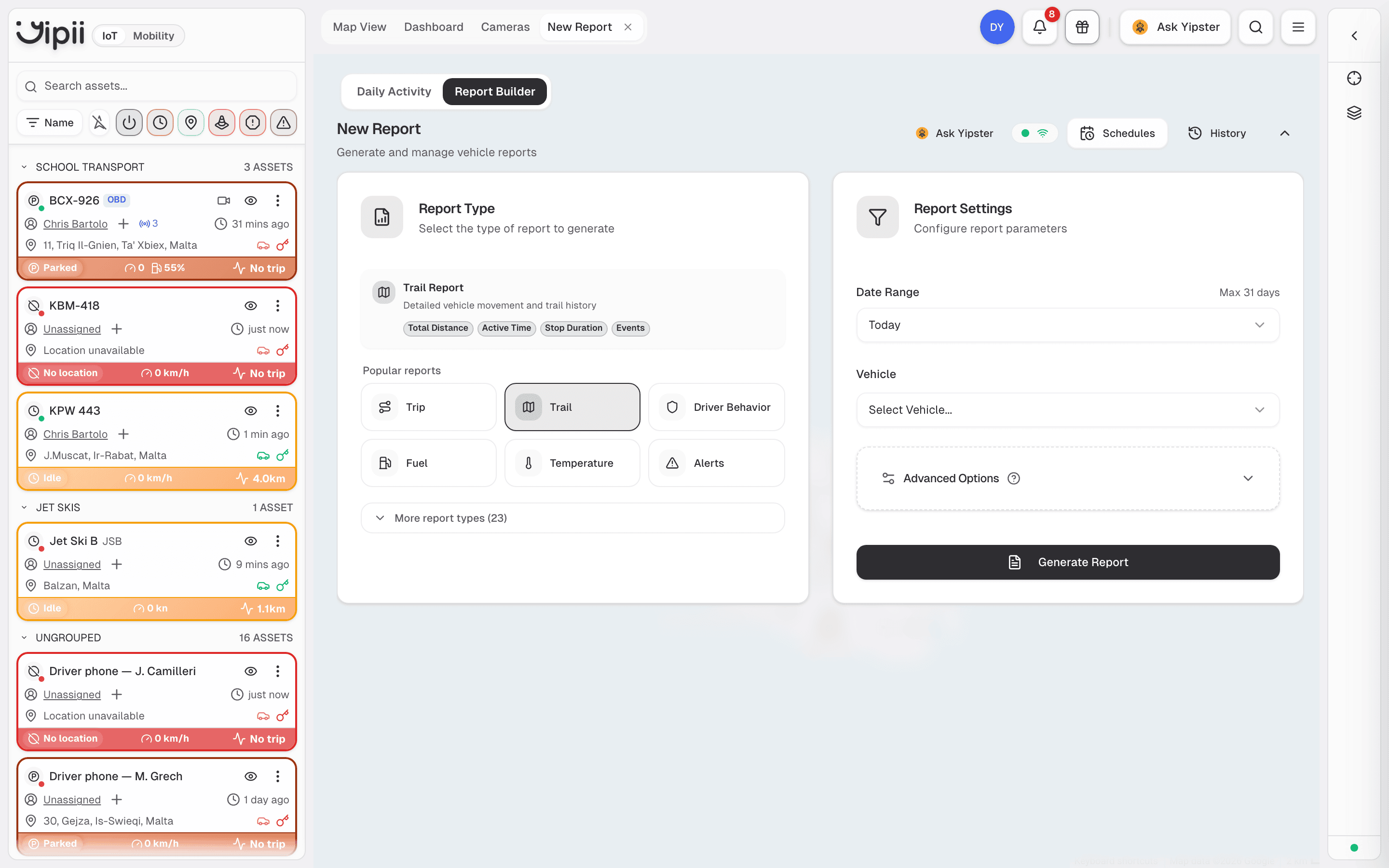 Report Builder with report type, popular reports and report settings