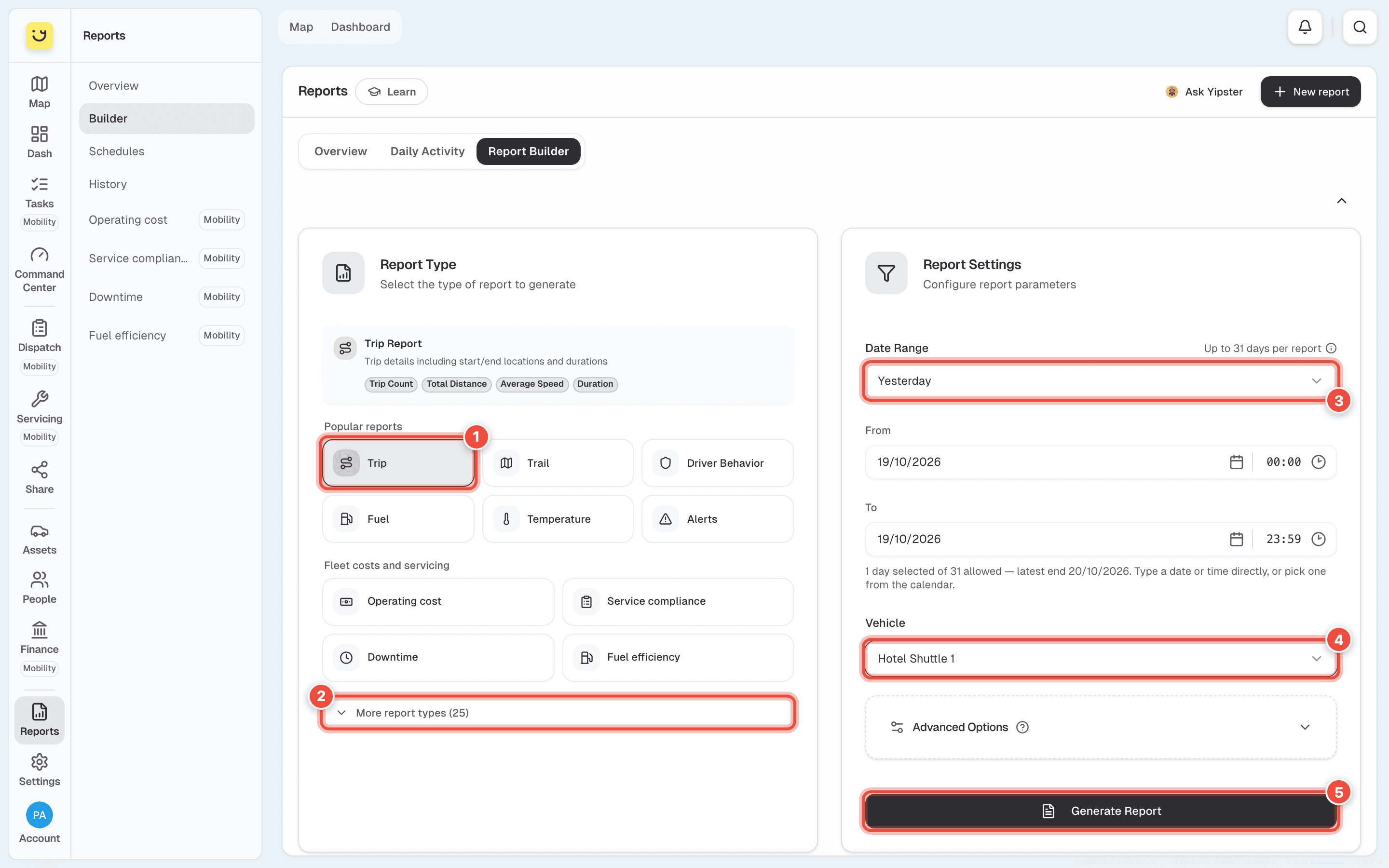 The Report Builder with the Trip report (1), More report types (2), Date Range set to Yesterday (3), the vehicle Hotel Shuttle 1 (4) and Generate Report (5) highlighted