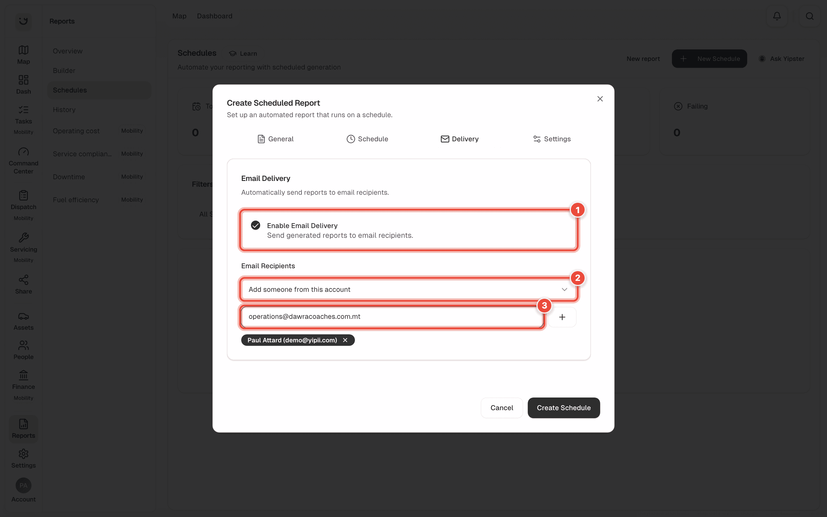 The Delivery tab with Enable Email Delivery (1), Add someone from this account (2) and an email address being typed (3) highlighted