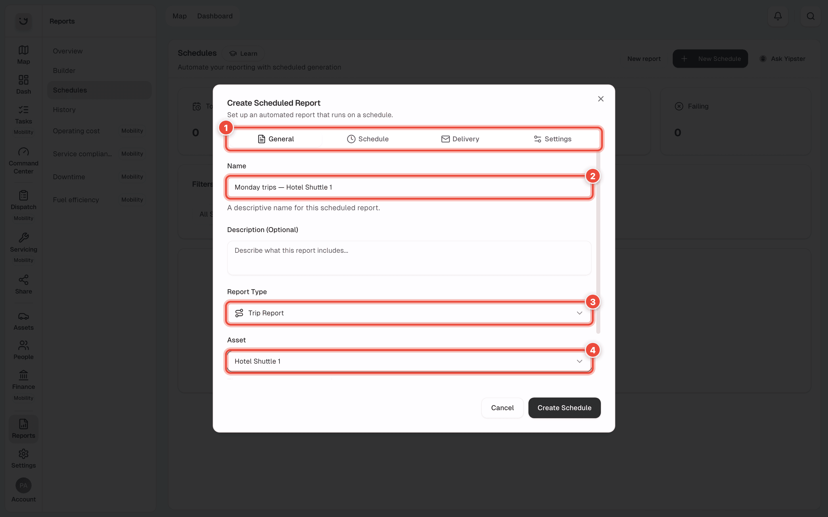 Create Scheduled Report, General tab, with the tabs (1), Name (2), Report Type (3) and Asset (4) highlighted