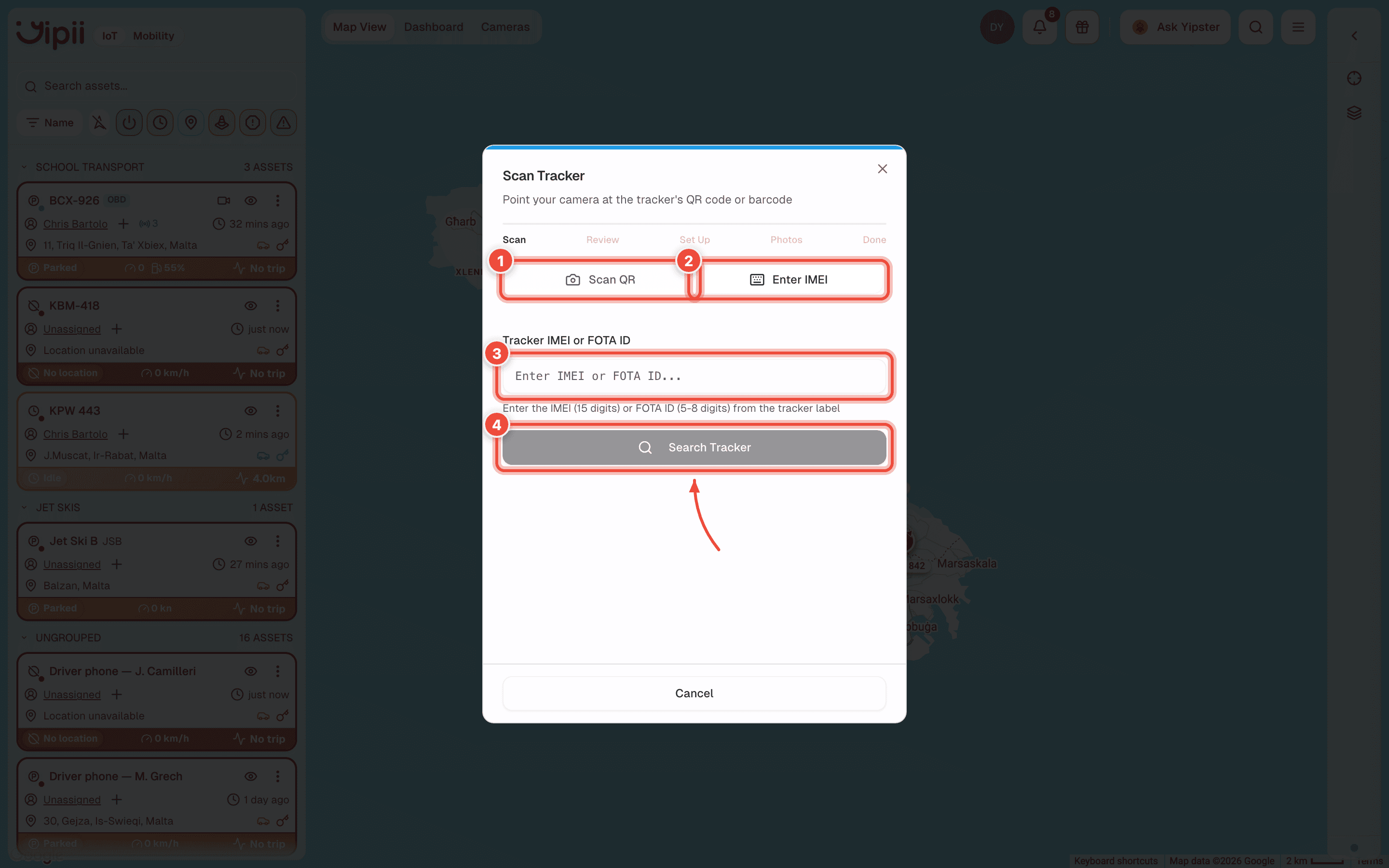 The Scan Tracker dialog on the Enter IMEI tab, with the Scan QR tab (1), the Enter IMEI tab (2), the IMEI field (3) and Search Tracker (4) highlighted