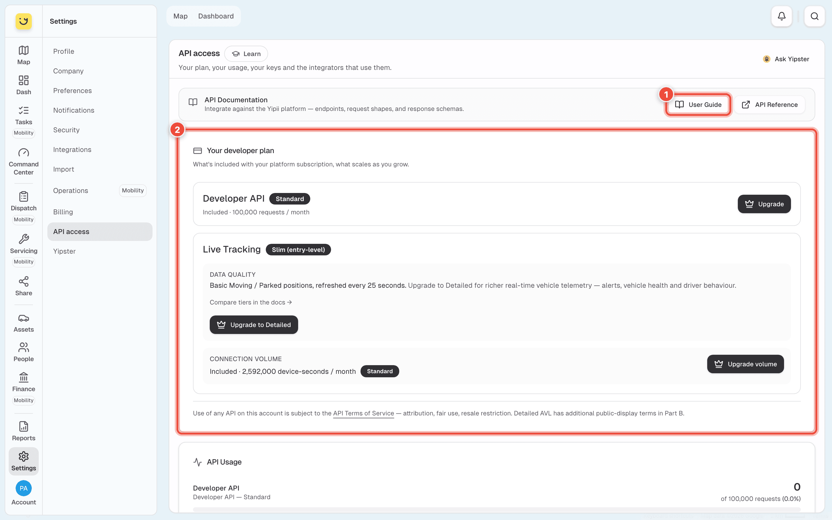 API access, with User Guide (1) and Your developer plan (2) highlighted
