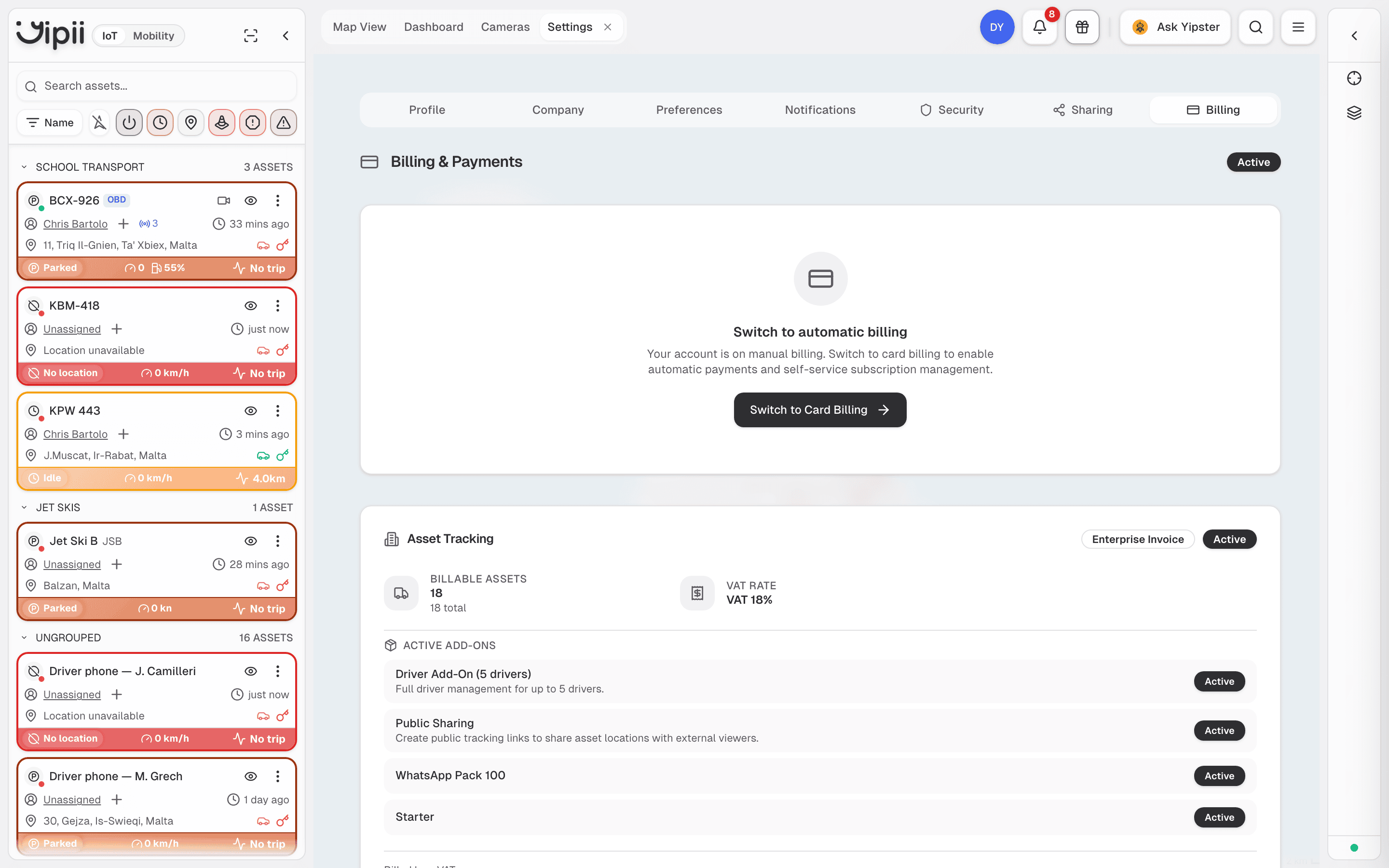 The Billing & Payments screen showing billable assets, VAT rate and the active add-ons