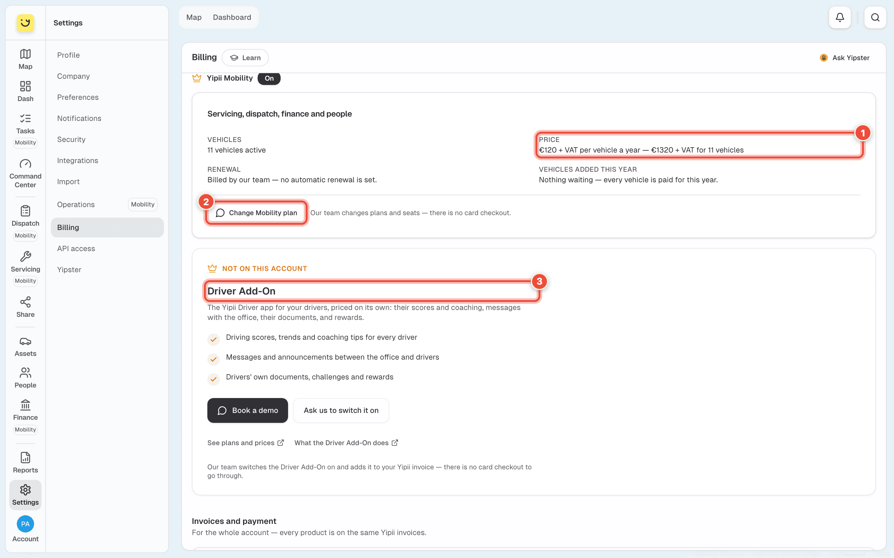 The Yipii Mobility and Driver Add-On cards, with the price (1), Change Mobility plan (2) and the Driver Add-On (3), not on this account, highlighted