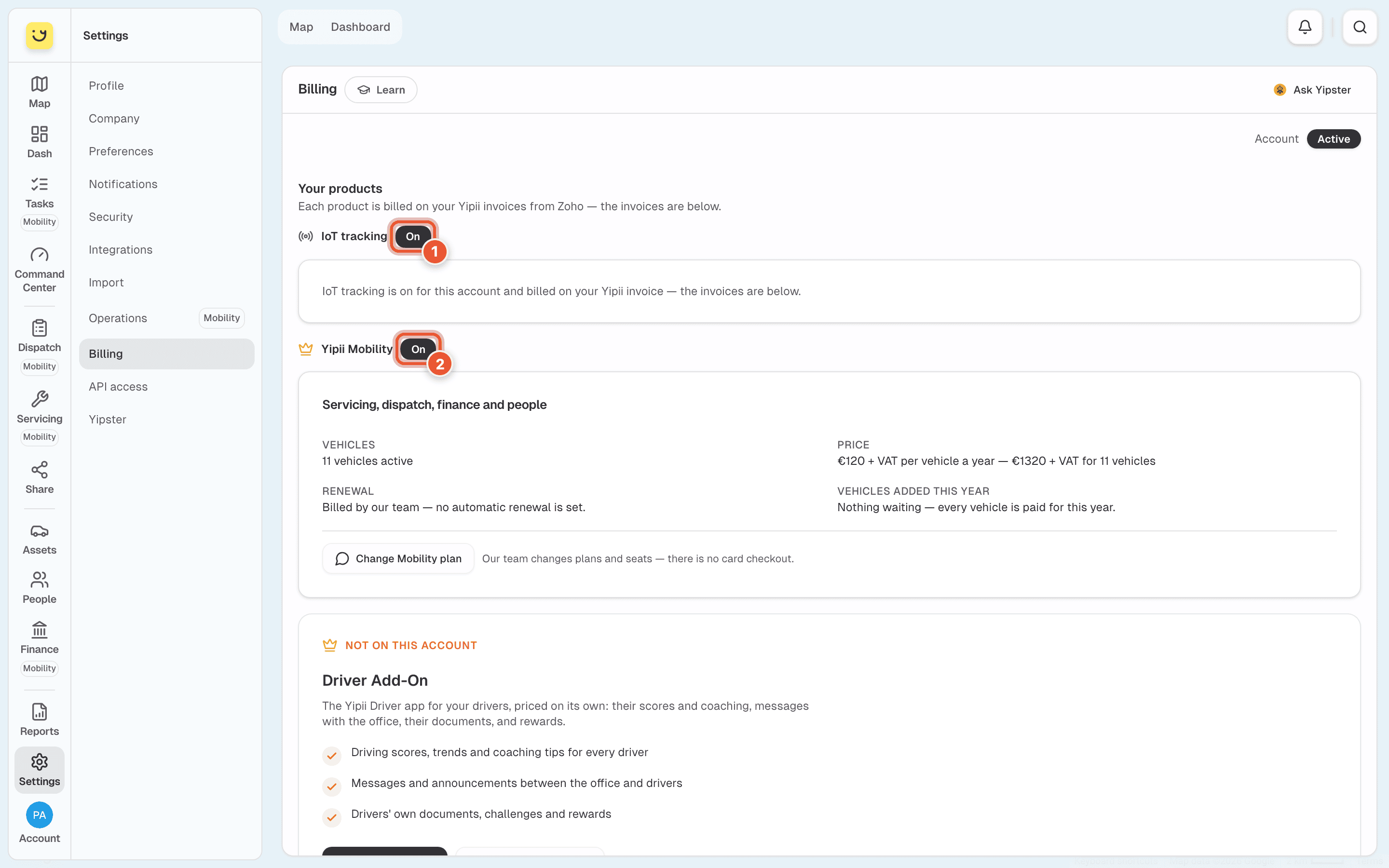 Billing, with the status of IoT tracking (1) and of Yipii Mobility (2) highlighted