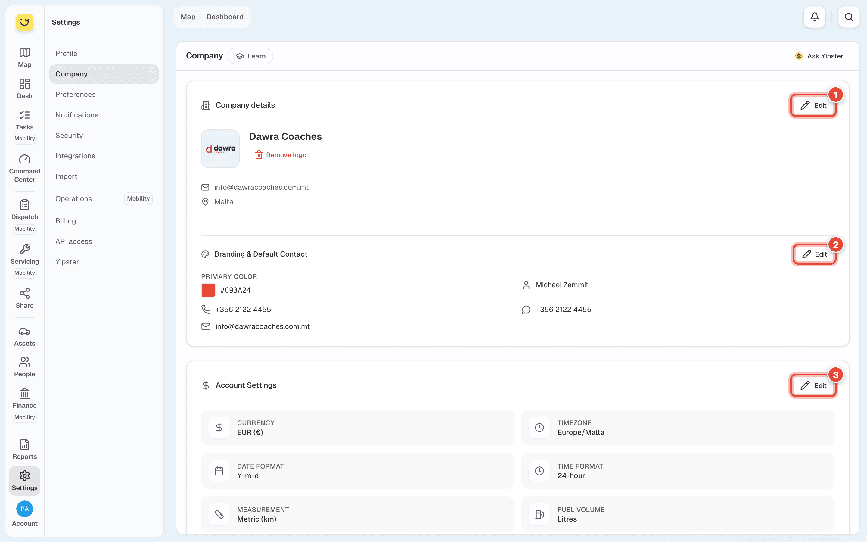 Company, with the Edit buttons of Company details (1), Branding & Default Contact (2) and Account Settings (3) highlighted