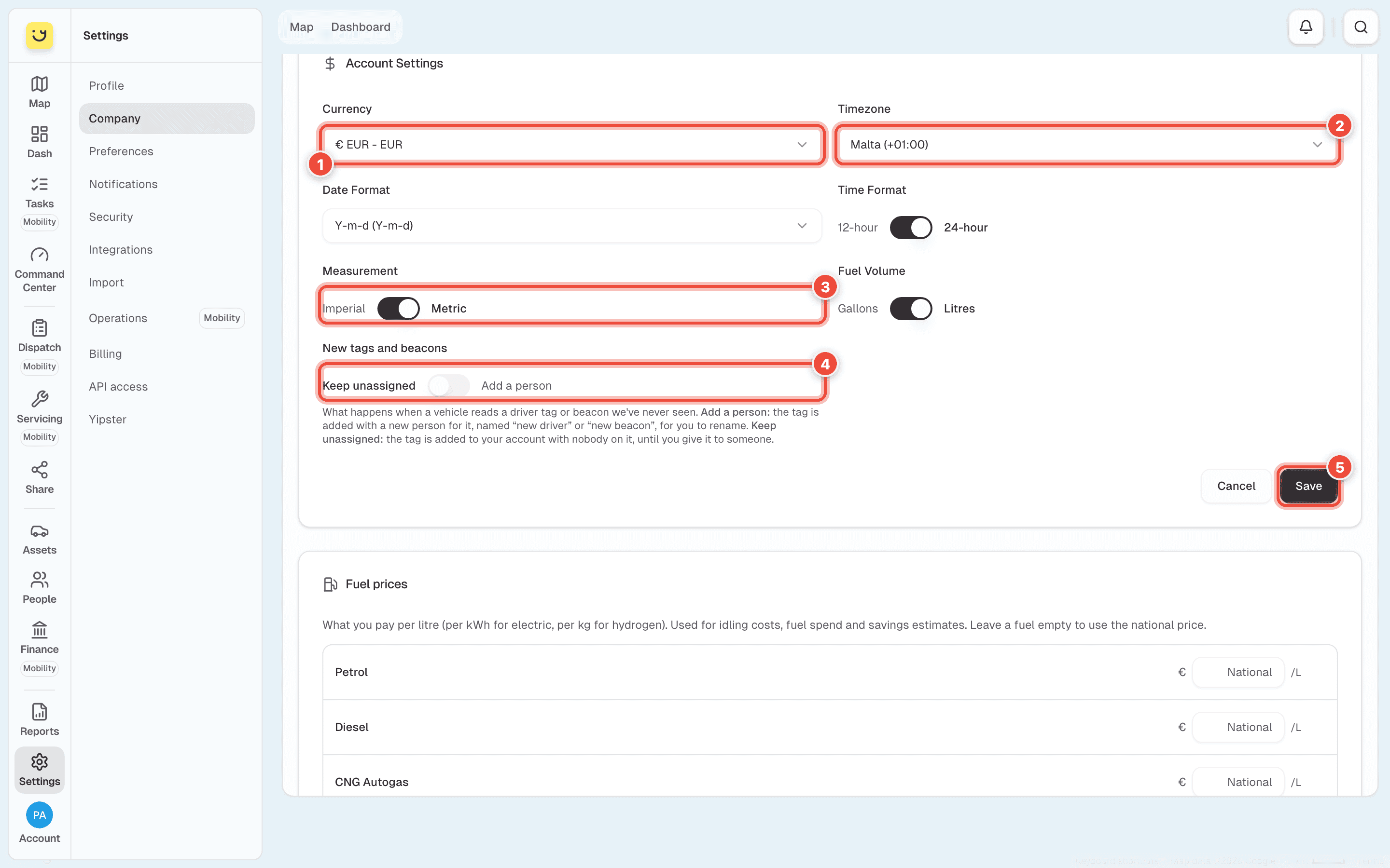 Account Settings open for editing, with Currency (1), Timezone (2), Measurement (3), New tags and beacons (4) and Save (5) highlighted