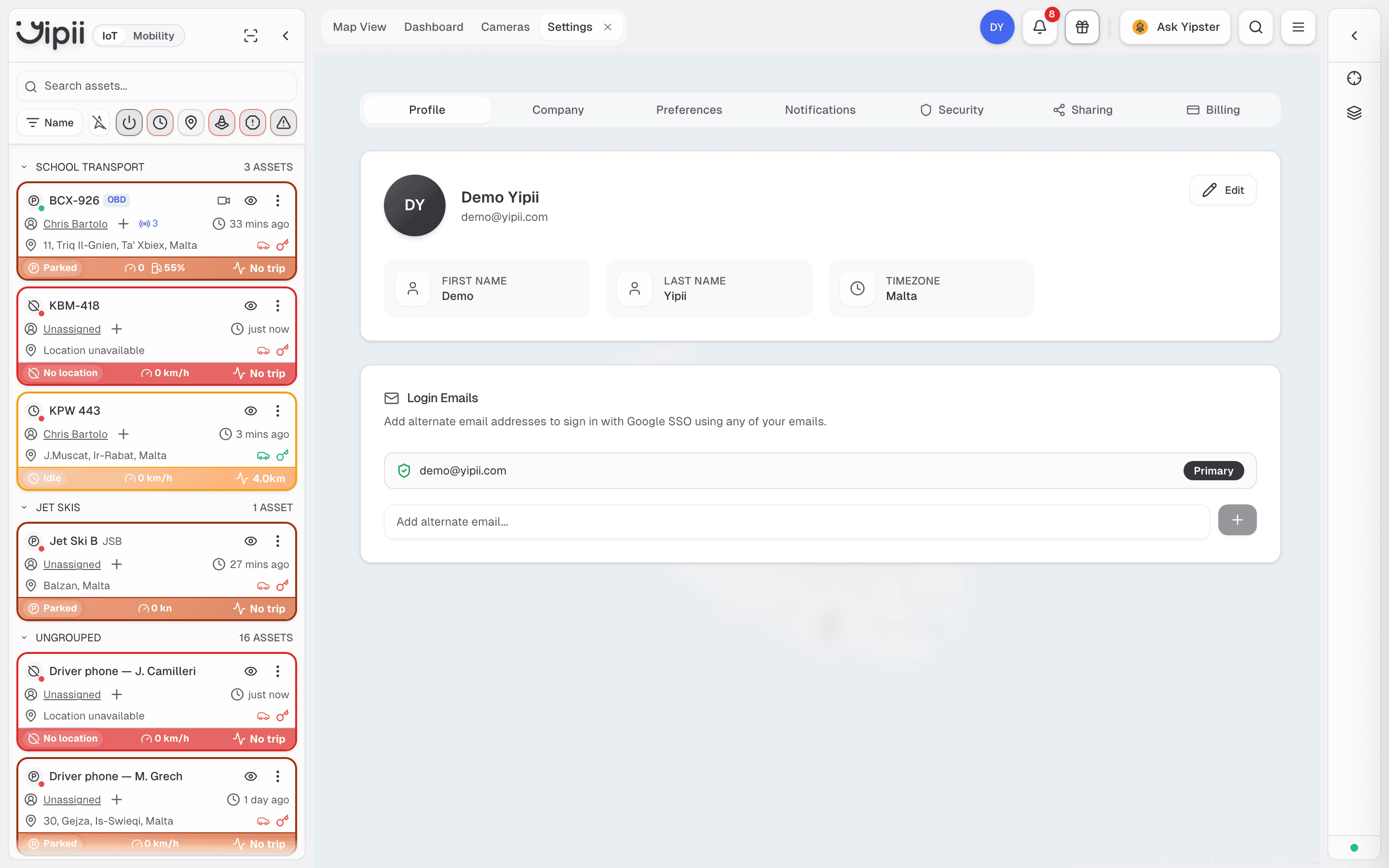 The Settings screen showing the Profile, Company, Preferences, Notifications, Security, Sharing and Billing tabs