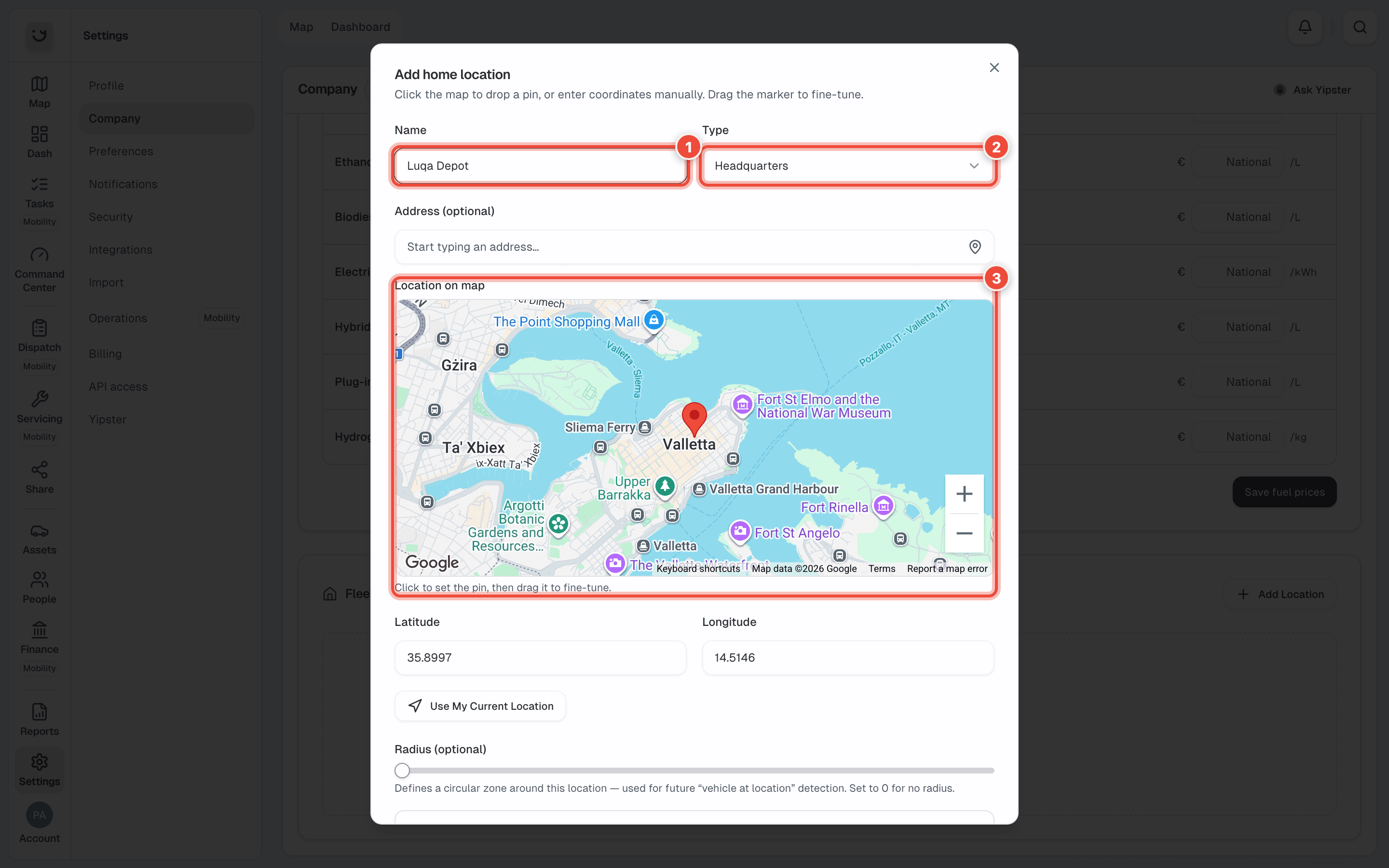 Add home location, with Name (1), Type (2) and Location on map (3) highlighted