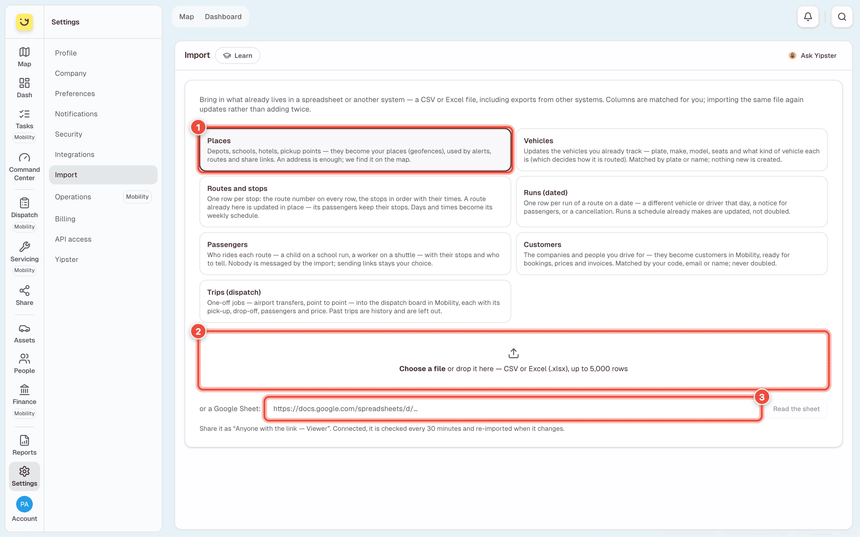 Import with Places chosen (1), the box to drop a file in (2) and the Google Sheet link (3) highlighted