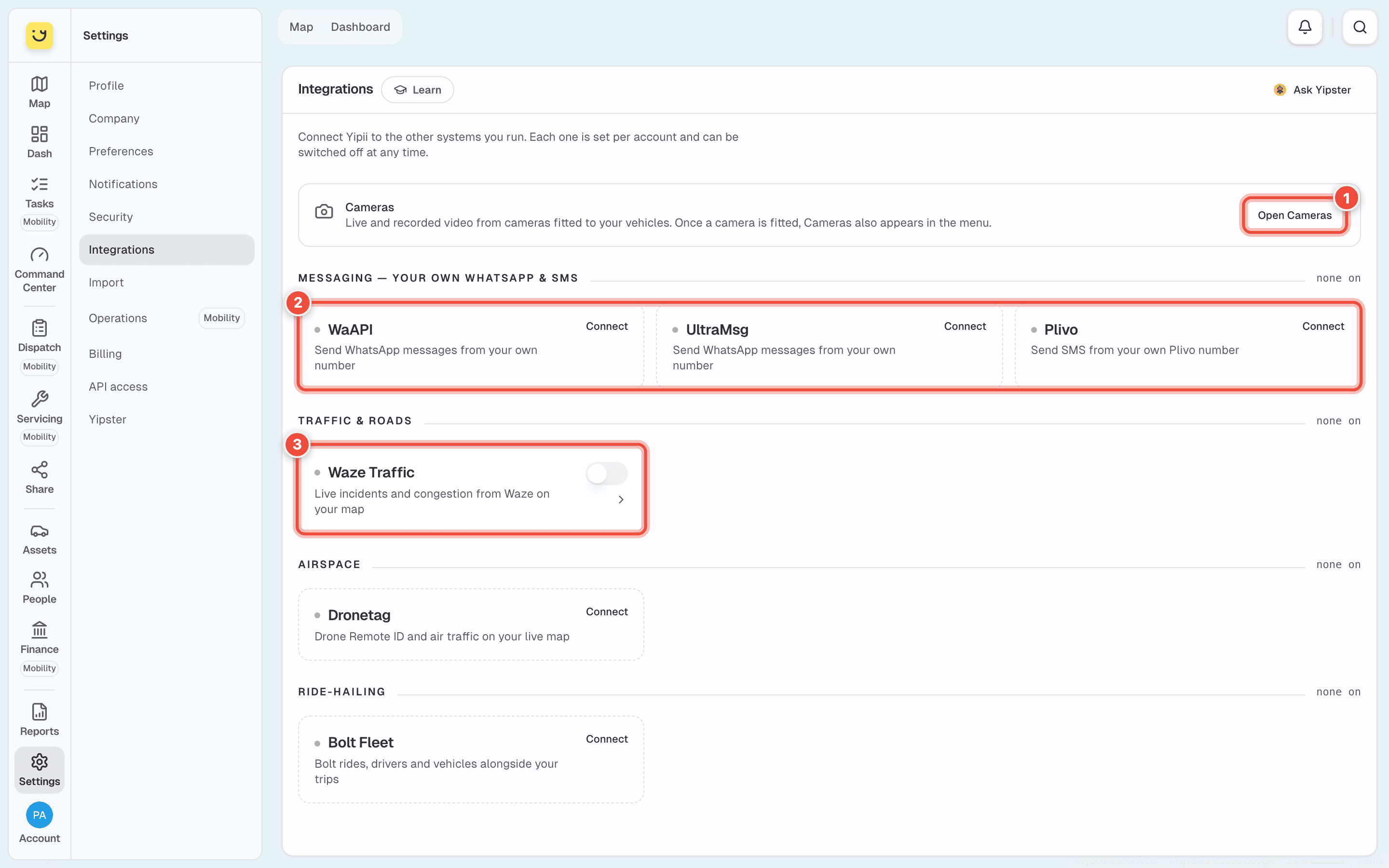Integrations, with Open Cameras (1), the messaging integrations (2) and Waze Traffic (3) highlighted
