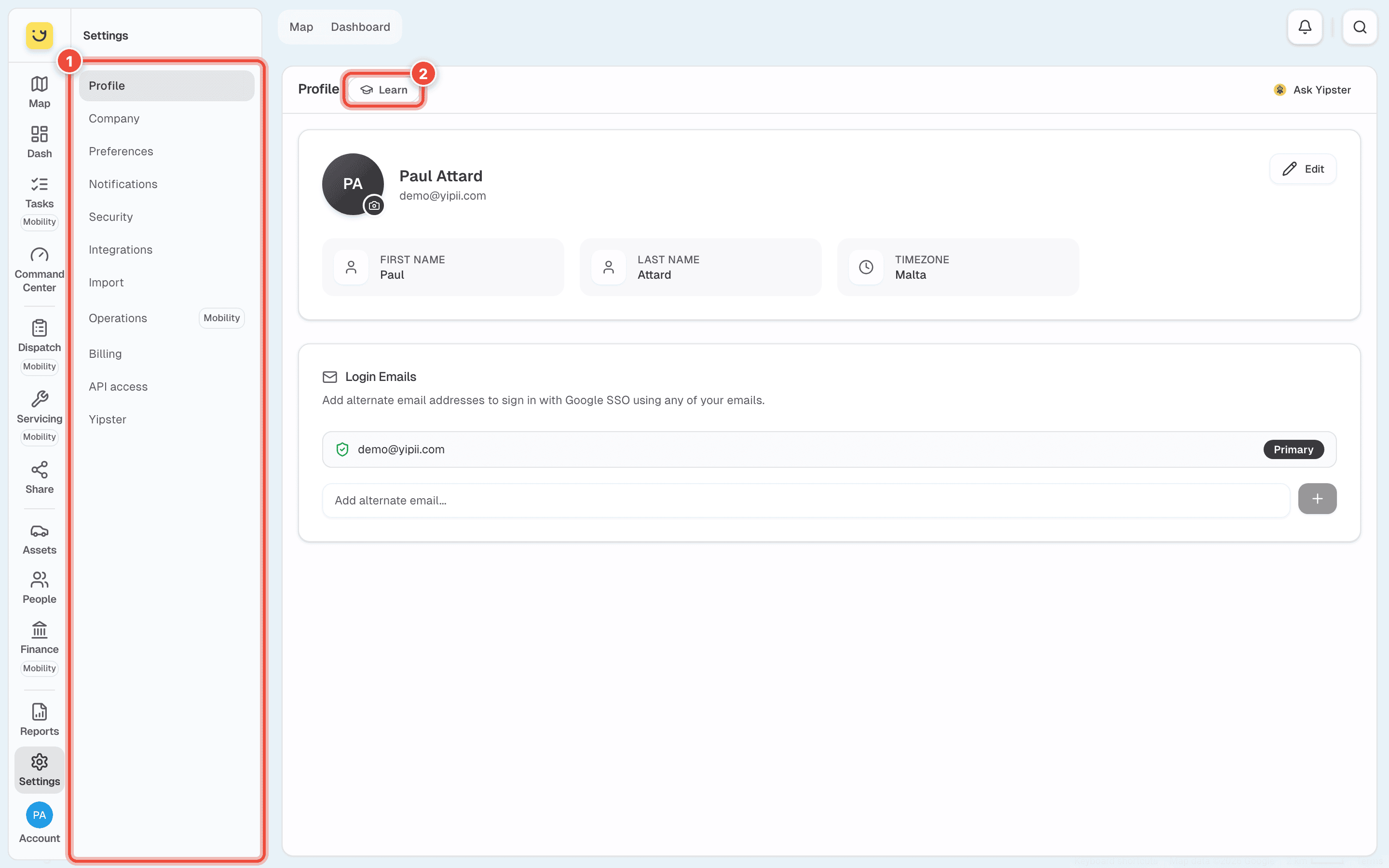 Settings on Profile, with the Settings menu (1) and Learn (2) highlighted