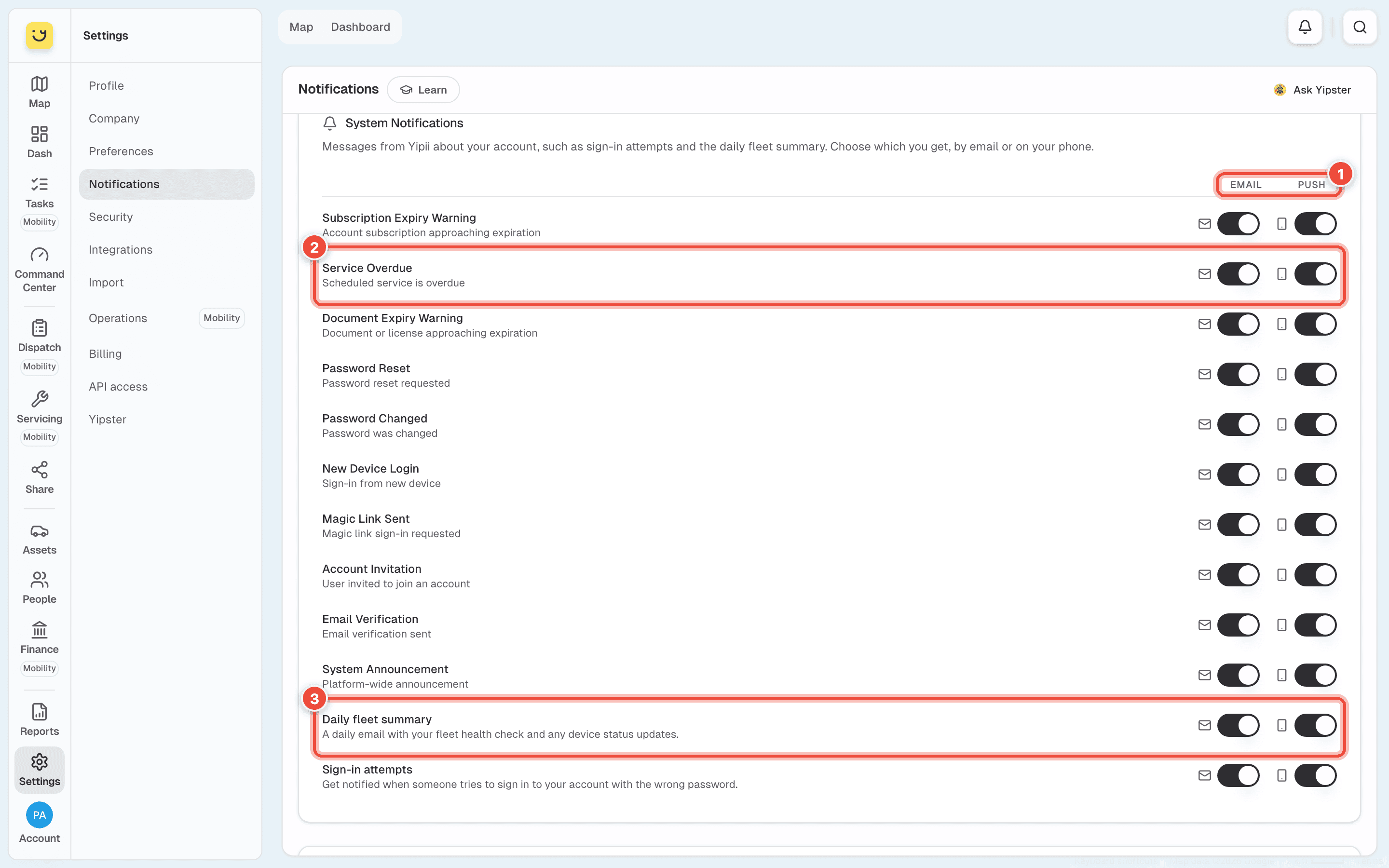 System Notifications, with the Email and Push columns (1), Service Overdue (2) and Daily fleet summary (3) highlighted